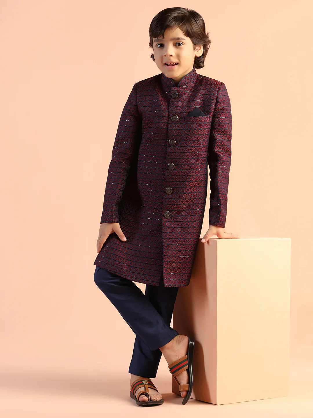 Maroon Jacquard Kids Sherwani Set - Image 7