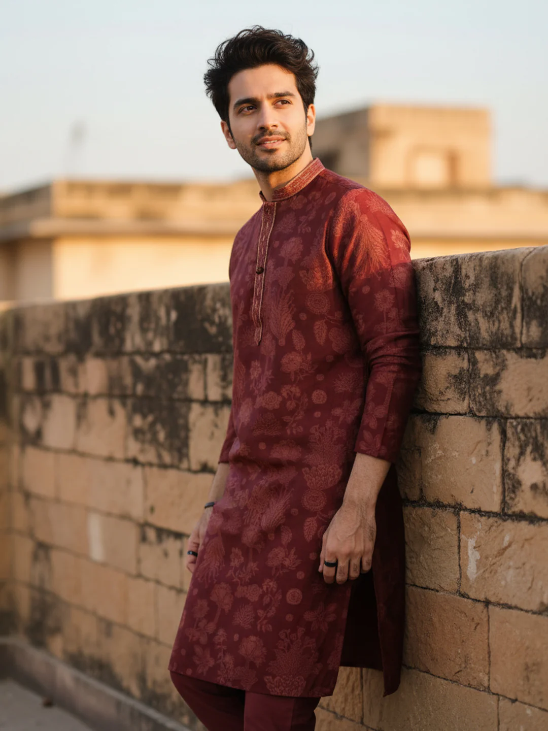Maroon Jacquard Kurta Trouser Set - Image 2