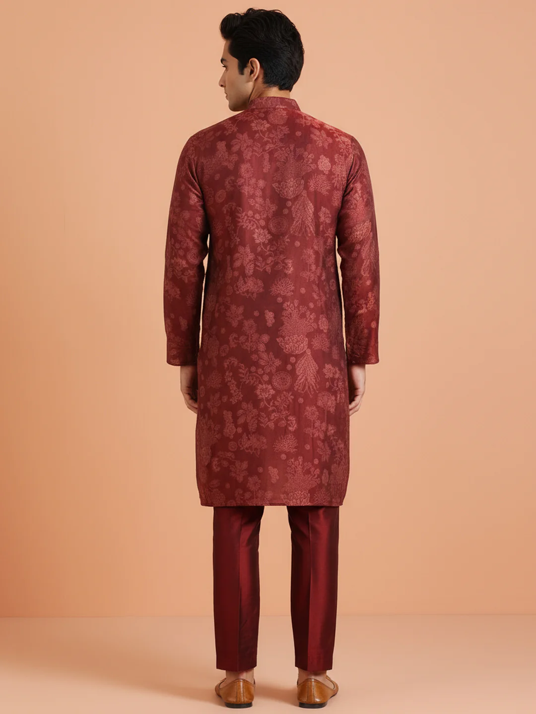 Maroon Jacquard Kurta Trouser Set - Image 3