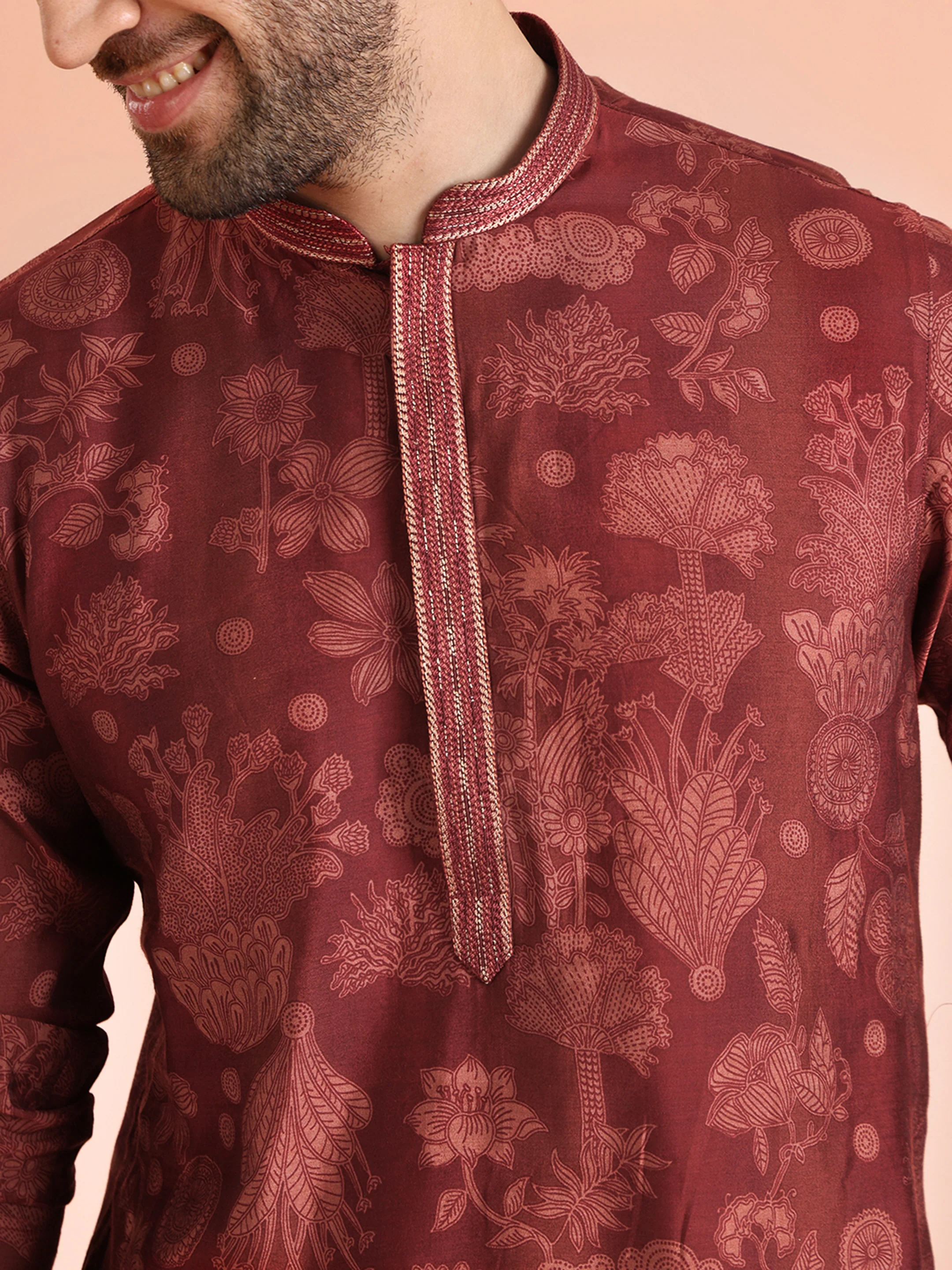 Maroon Jacquard Kurta Trouser Set - Image 4