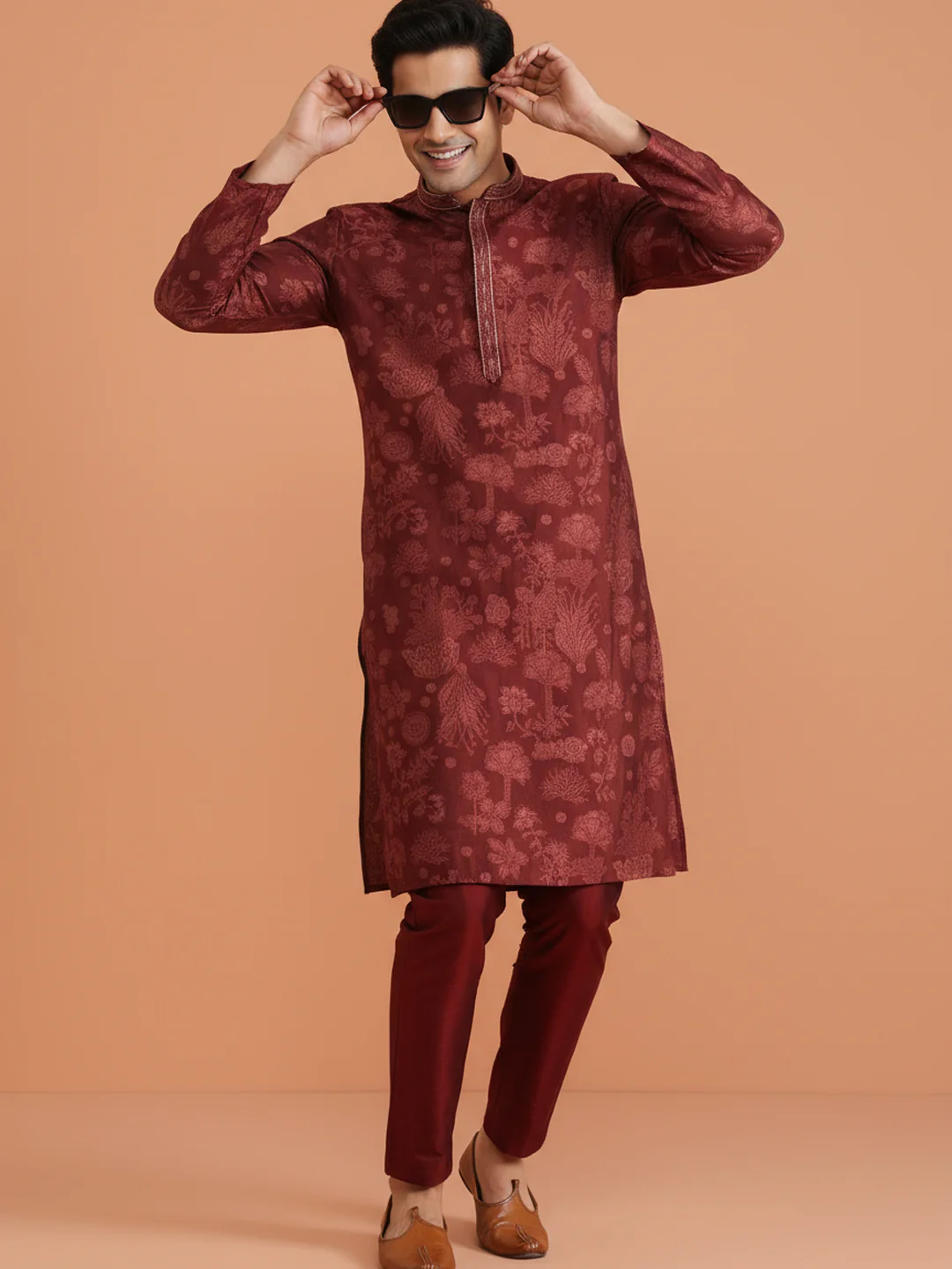 Maroon Jacquard Kurta Trouser Set - Image 6