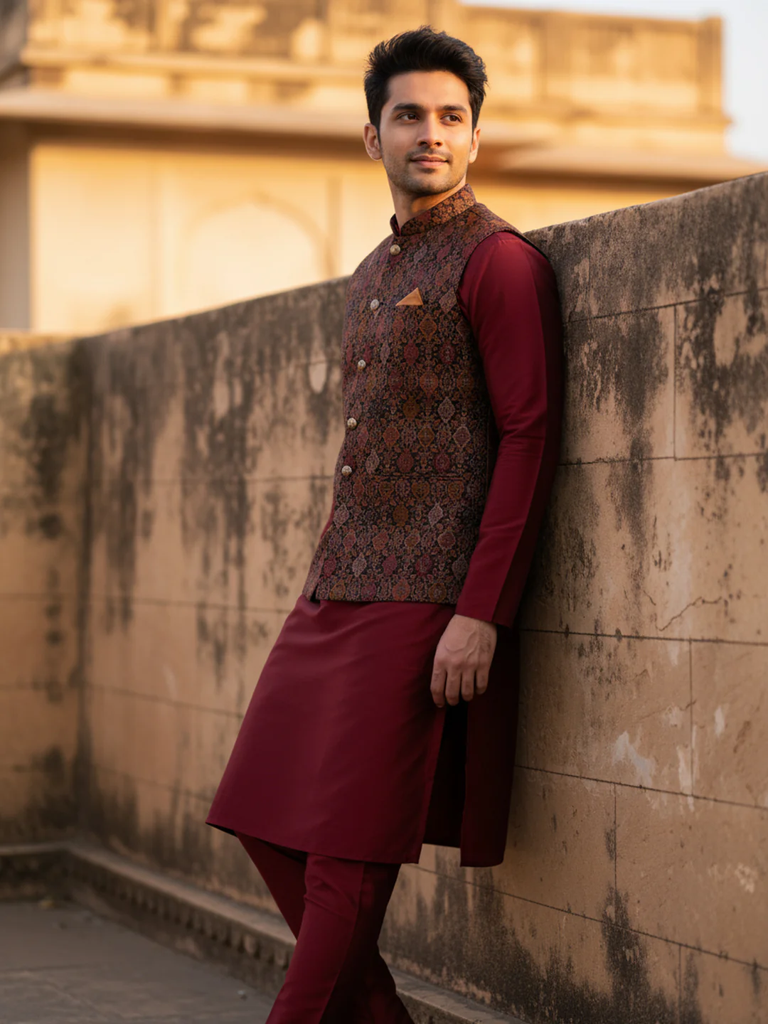 Maroon Kurta Jacket Trouser Set - Image 2