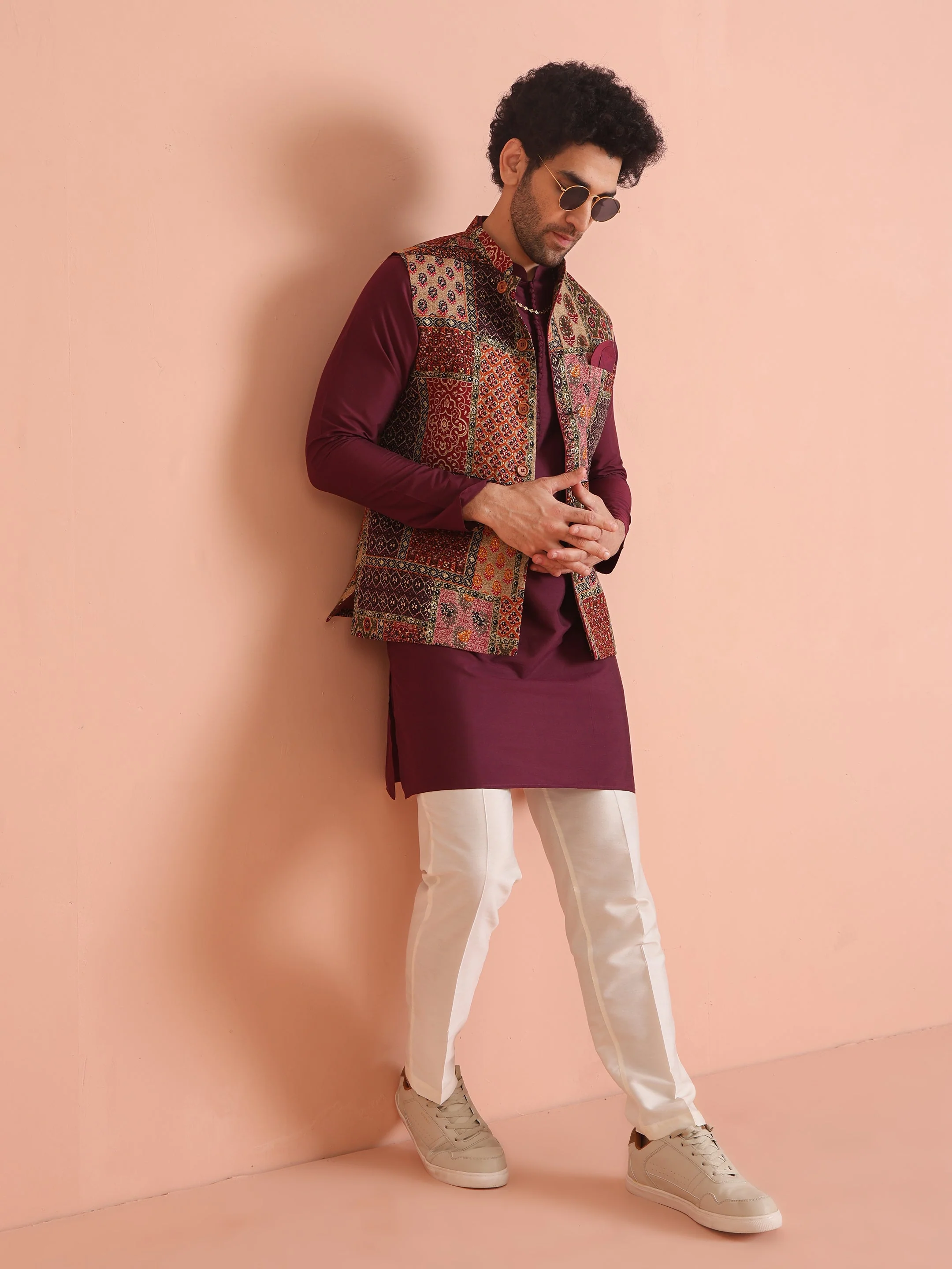 Maroon Multicolor Patchwork Printed Silk Blend Nehru Jacket - Image 2