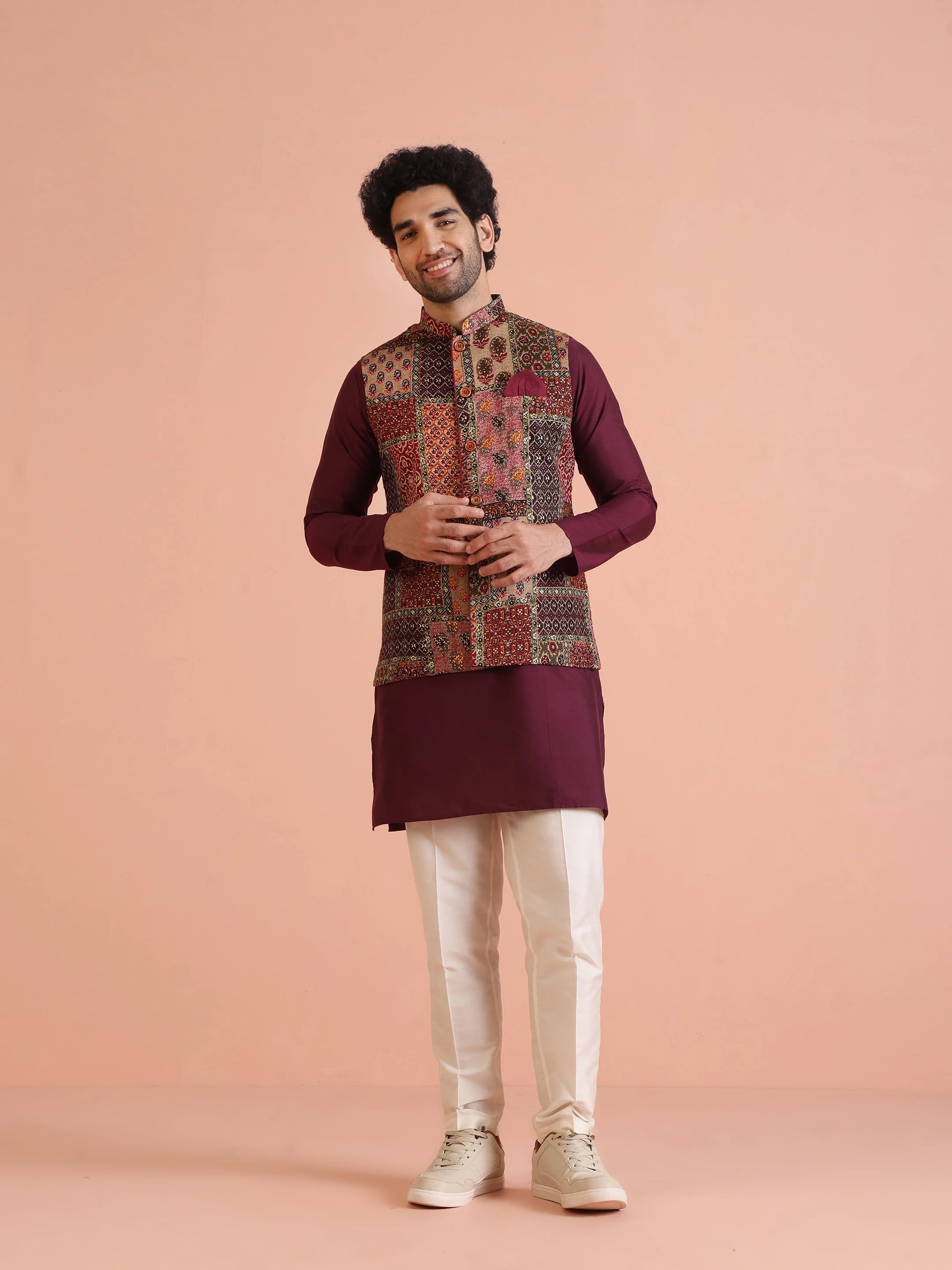 Maroon Multicolor Patchwork Printed Silk Blend Nehru Jacket - Image 6