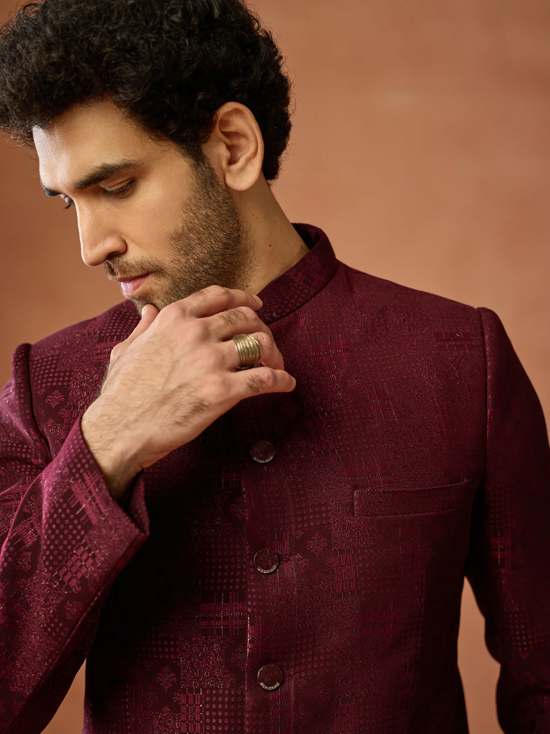 Maroon Silk Blend Woven Bandhgala Jodhpuri Set - Image 5