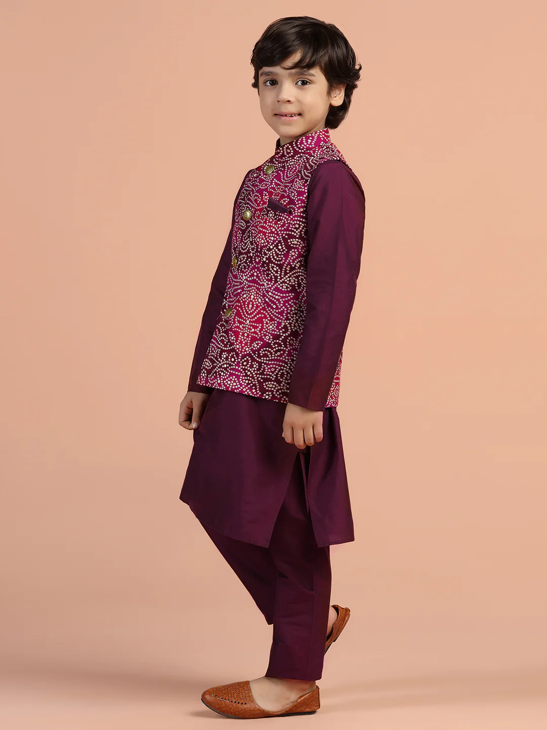 Maroon Printed Jacket Kurta Set for Kids - Image 2