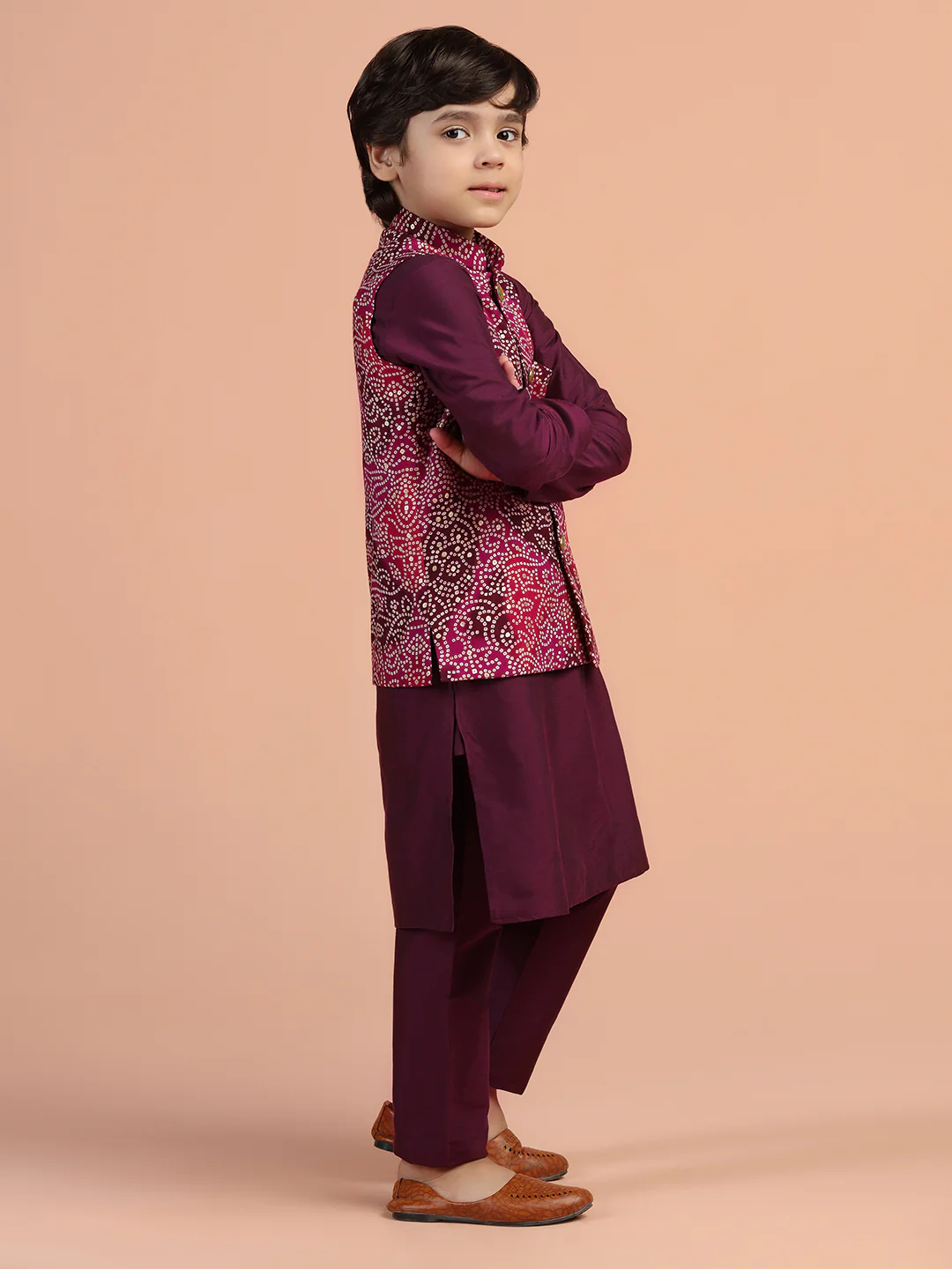 Maroon Printed Jacket Kurta Set for Kids - Image 3