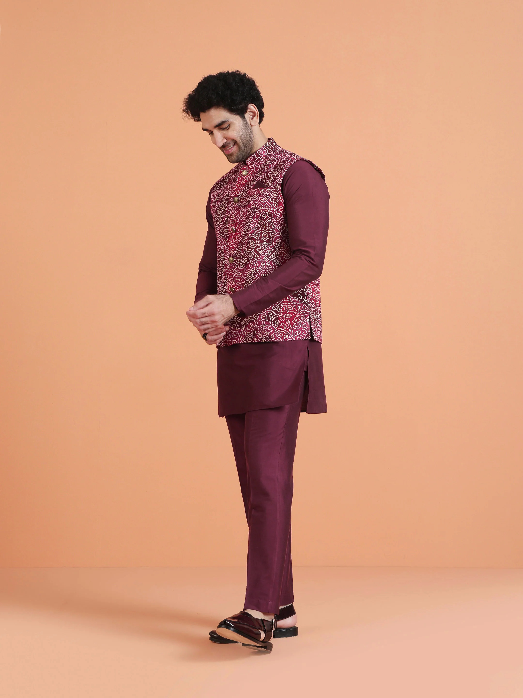 Maroon Silk Blend Embroidered Kurta Jacket Set - Image 3