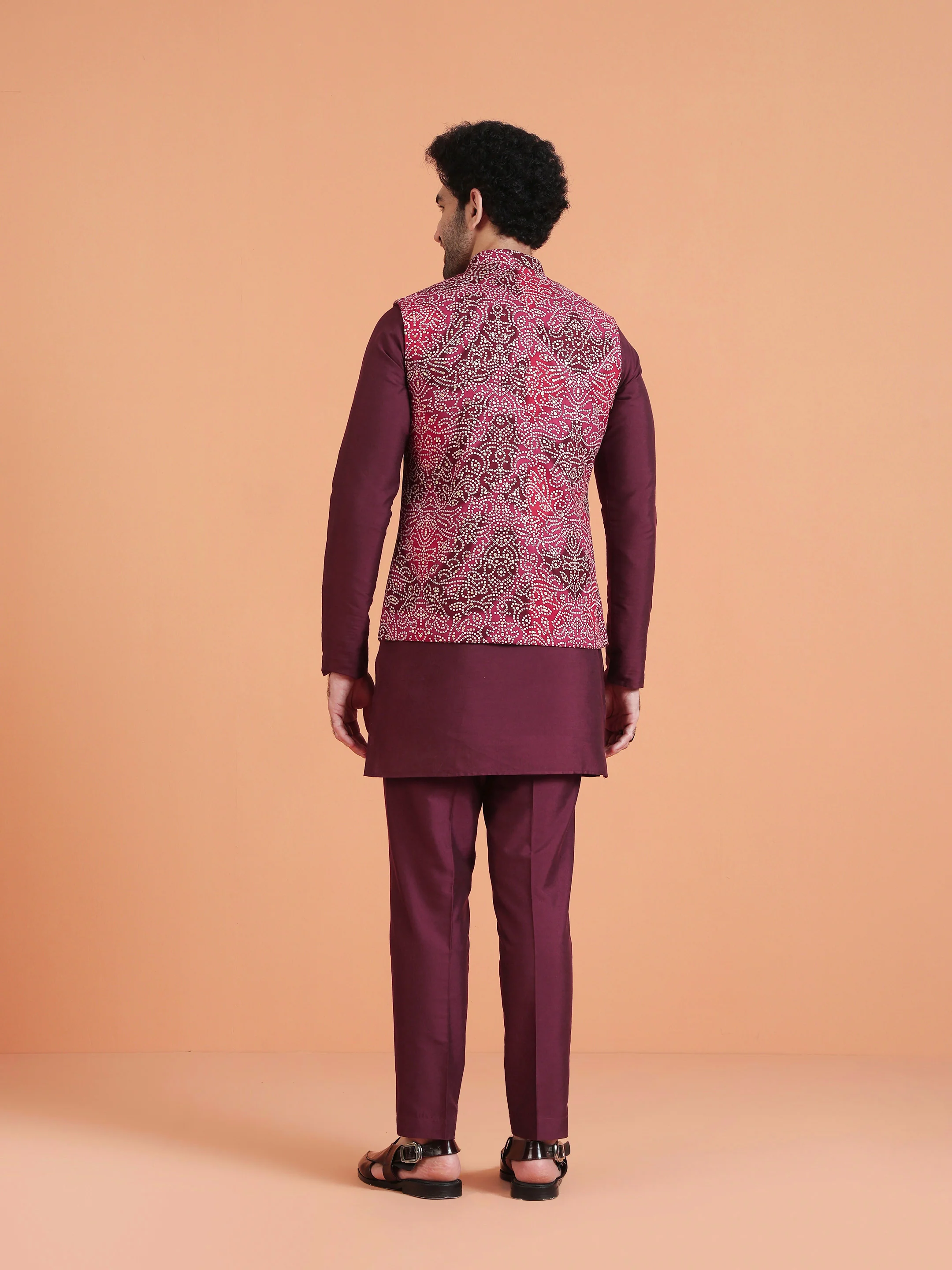 Maroon Silk Blend Embroidered Kurta Jacket Set - Image 4