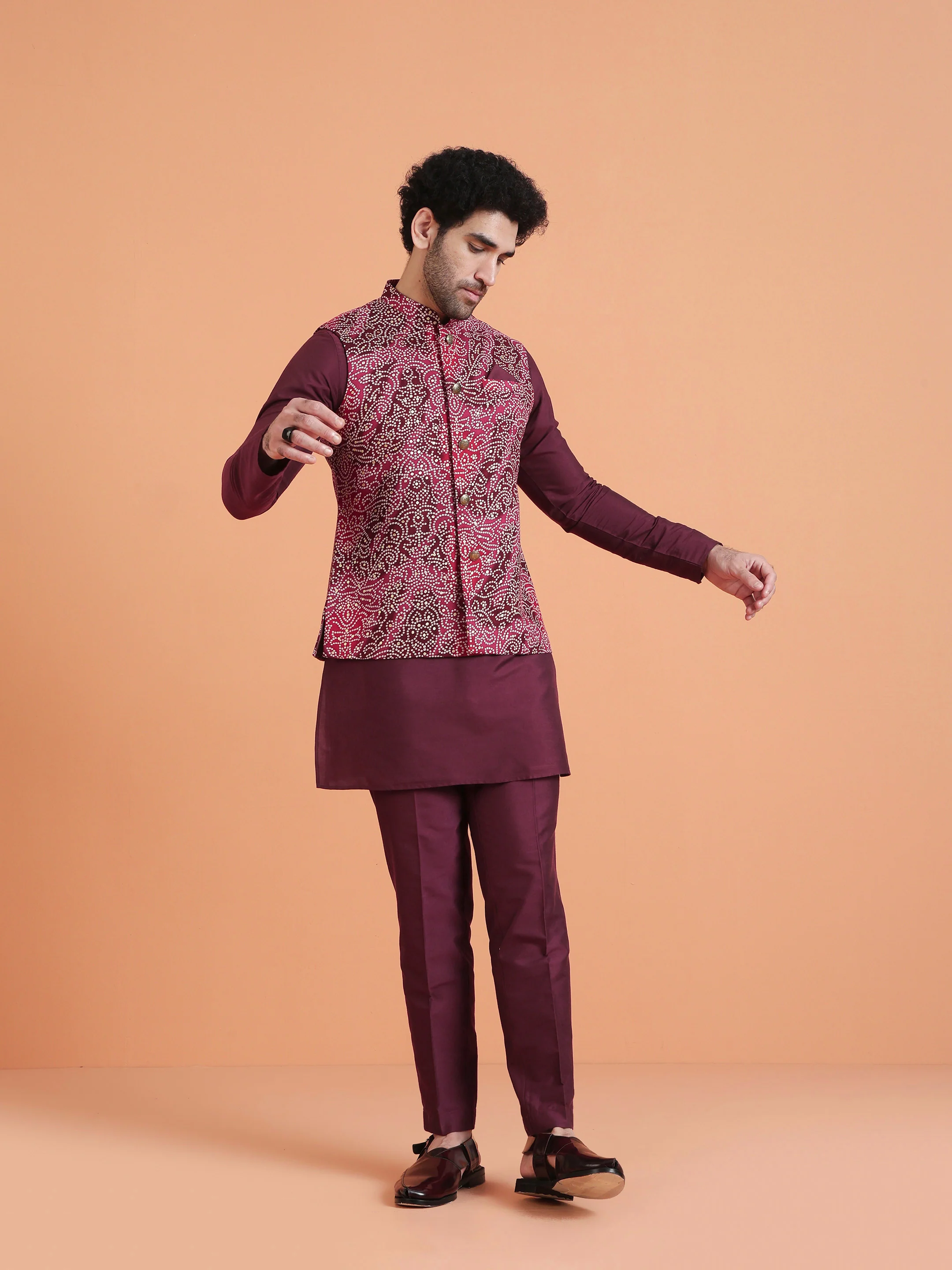 Maroon Silk Blend Embroidered Kurta Jacket Set - Image 8