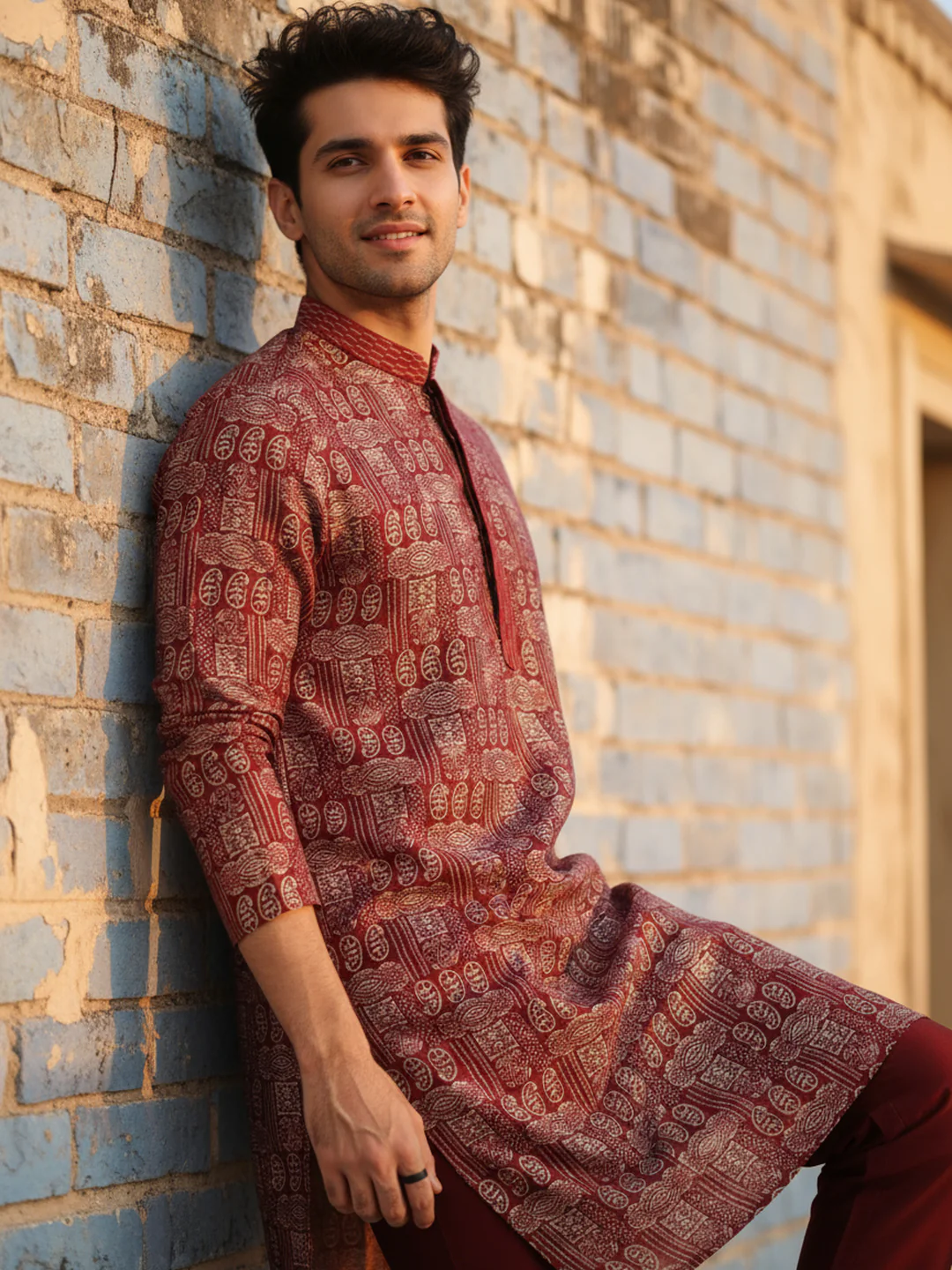 Maroon Printed Kurta Trouser Set - Image 2