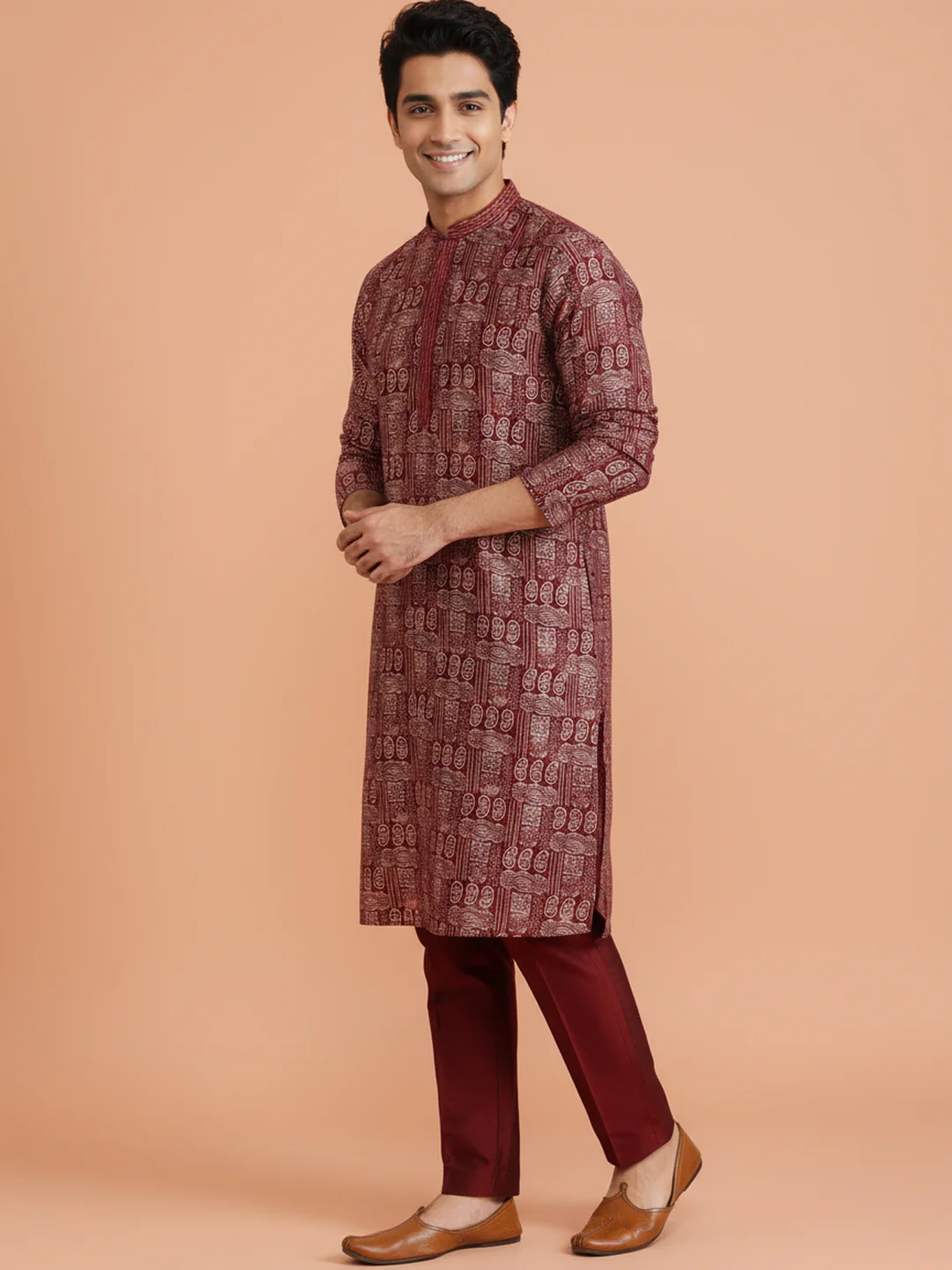 Maroon Printed Kurta Trouser Set - Image 3
