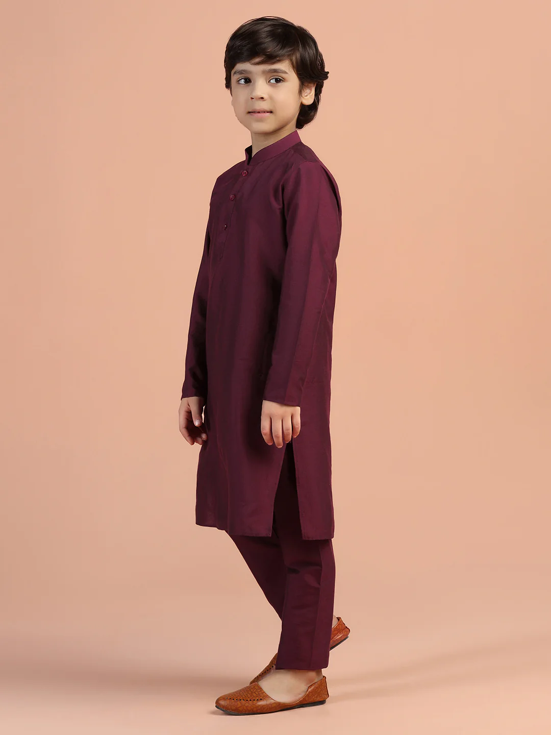 Maroon Satin Kurta Pyjama Set for Kids - Image 2