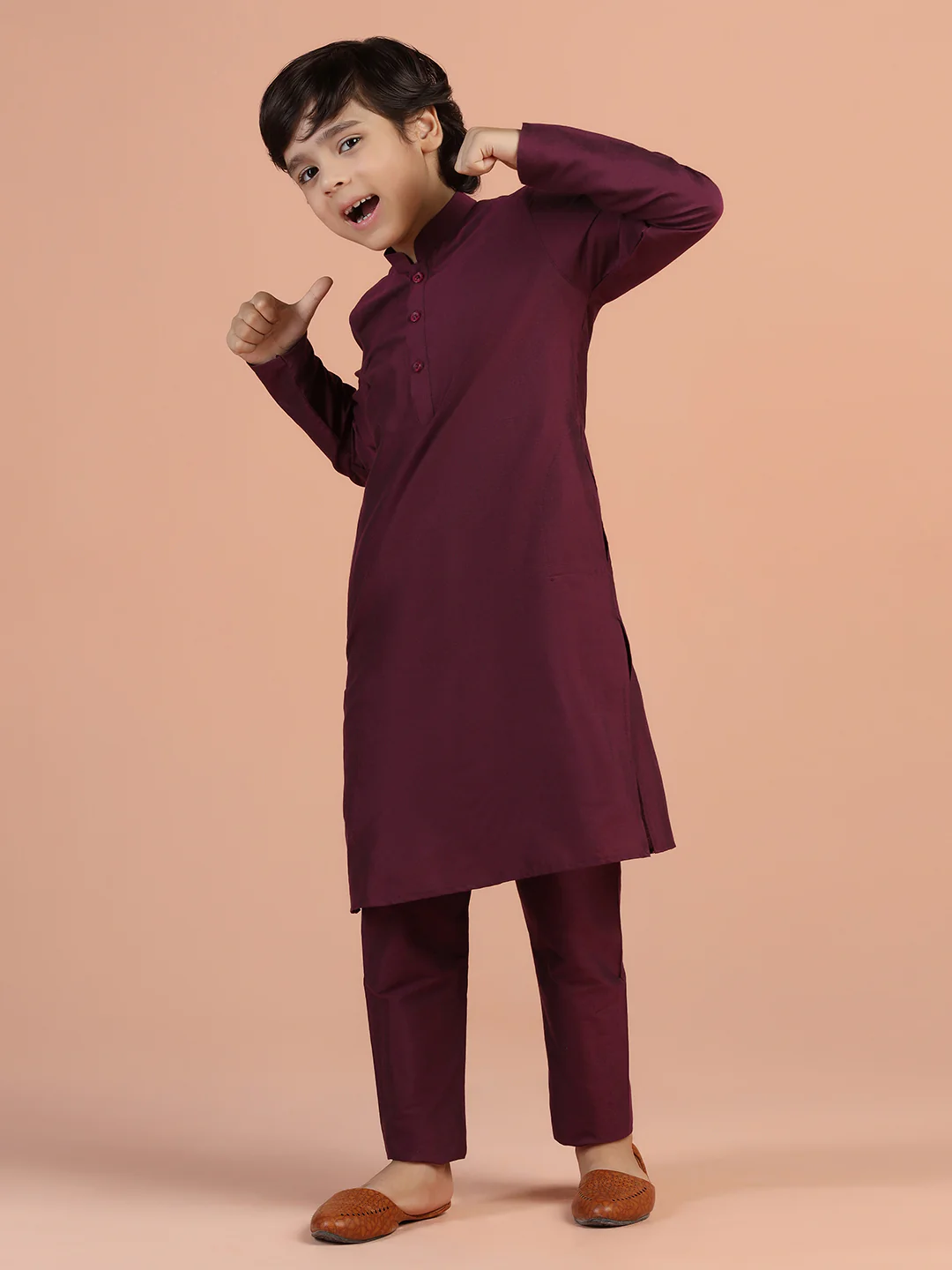 Maroon Satin Kurta Pyjama Set for Kids - Image 8