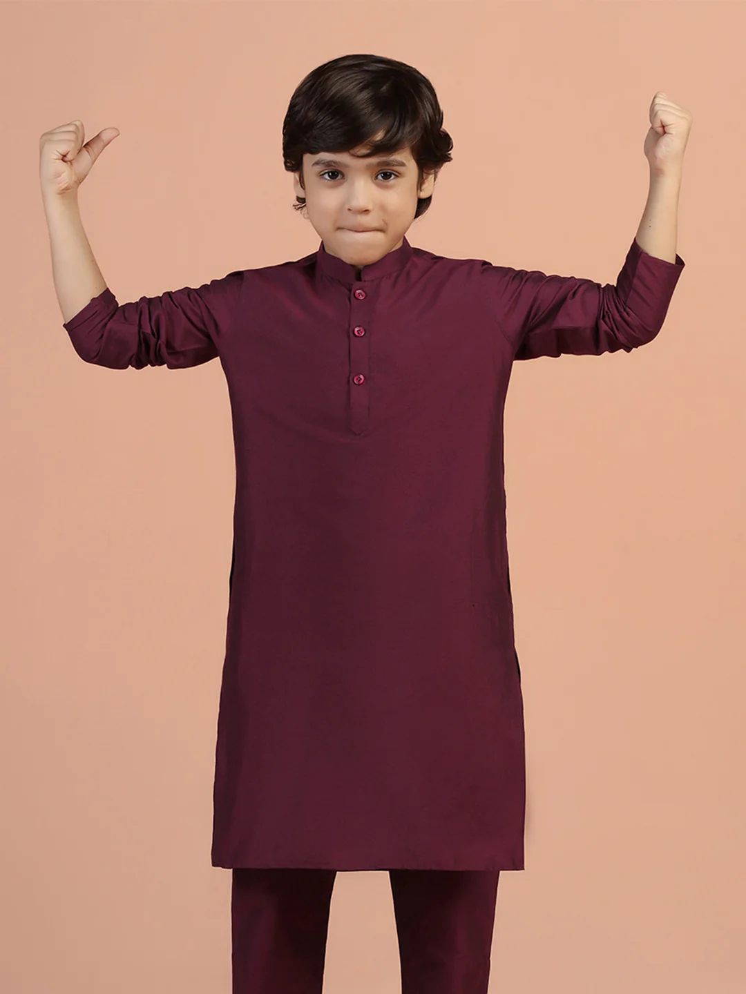 Maroon Satin Kurta Pyjama Set for Kids - Image 9