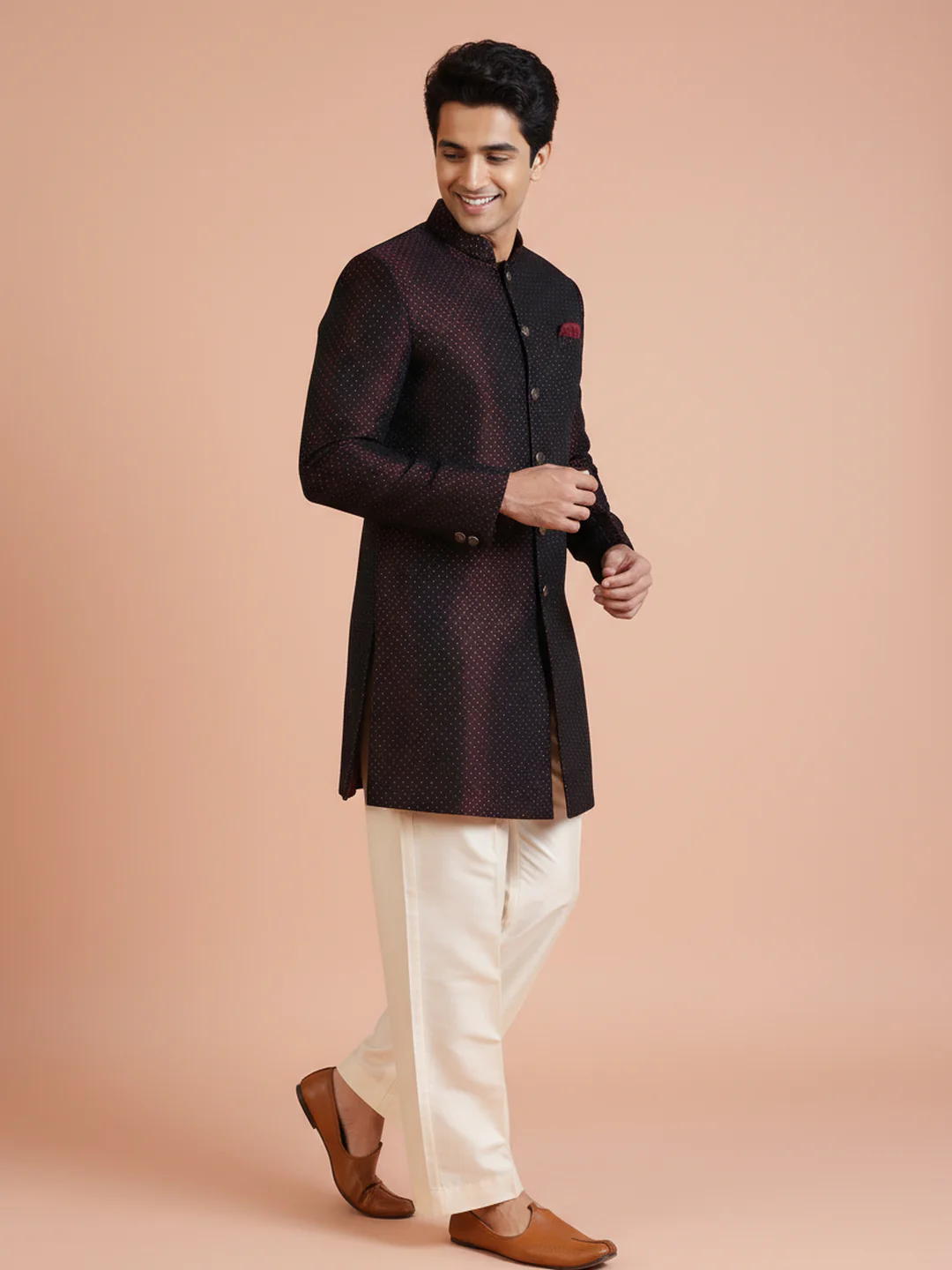 Maroon Self-Pattern Sherwani Trouser Set - Image 3