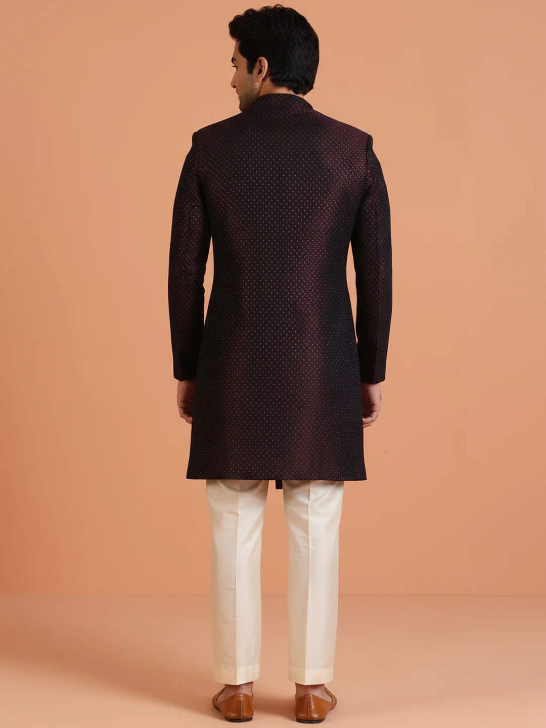 Maroon Self-Pattern Sherwani Trouser Set - Image 4