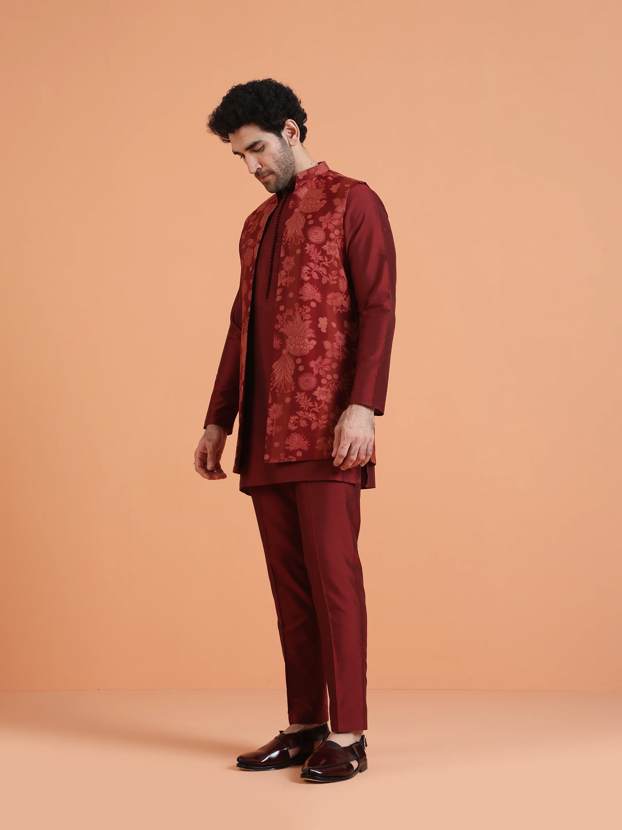 Maroon Silk Blend Floral Long Jacket Kurta Trouser - Image 2
