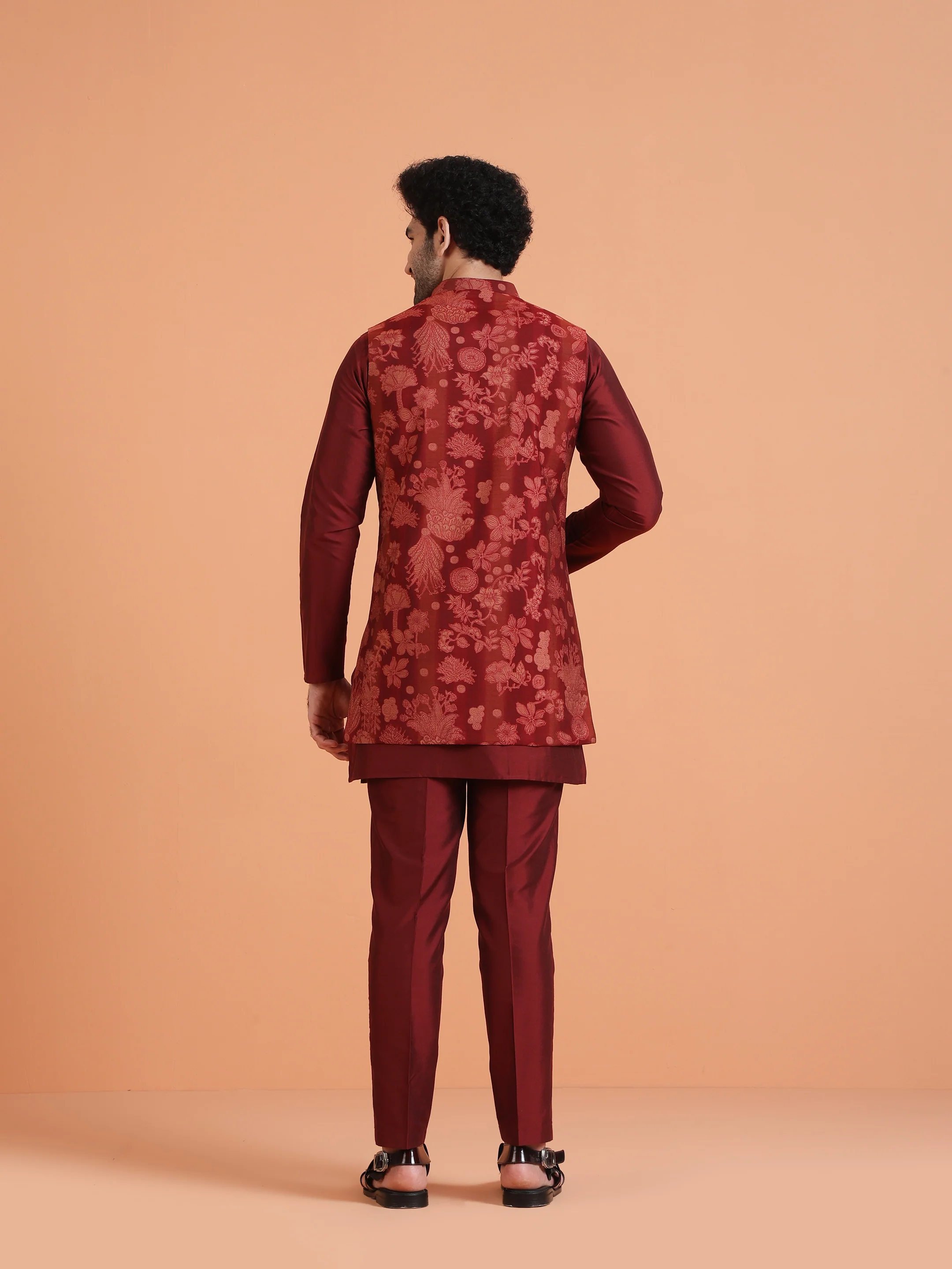 Maroon Silk Blend Floral Long Jacket Kurta Trouser - Image 4