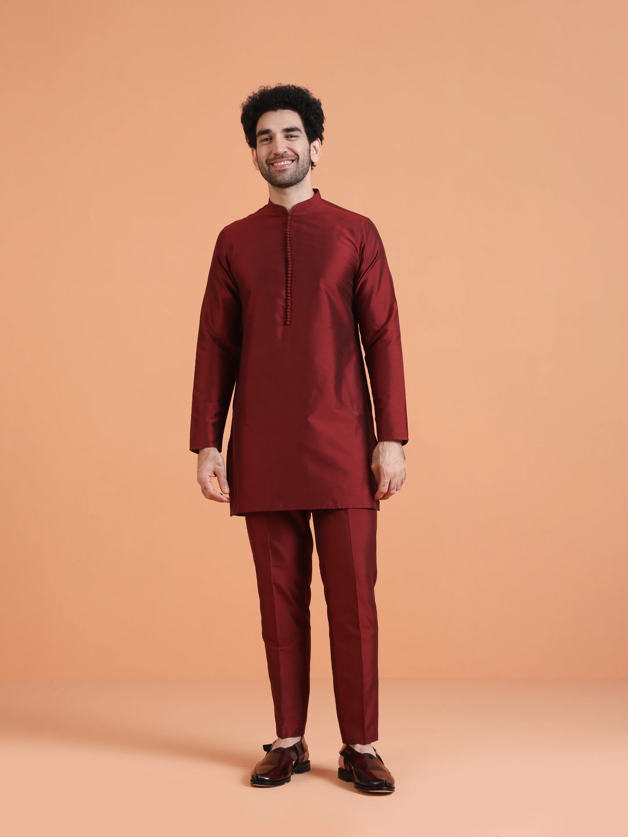 Maroon Silk Blend Floral Long Jacket Kurta Trouser - Image 7