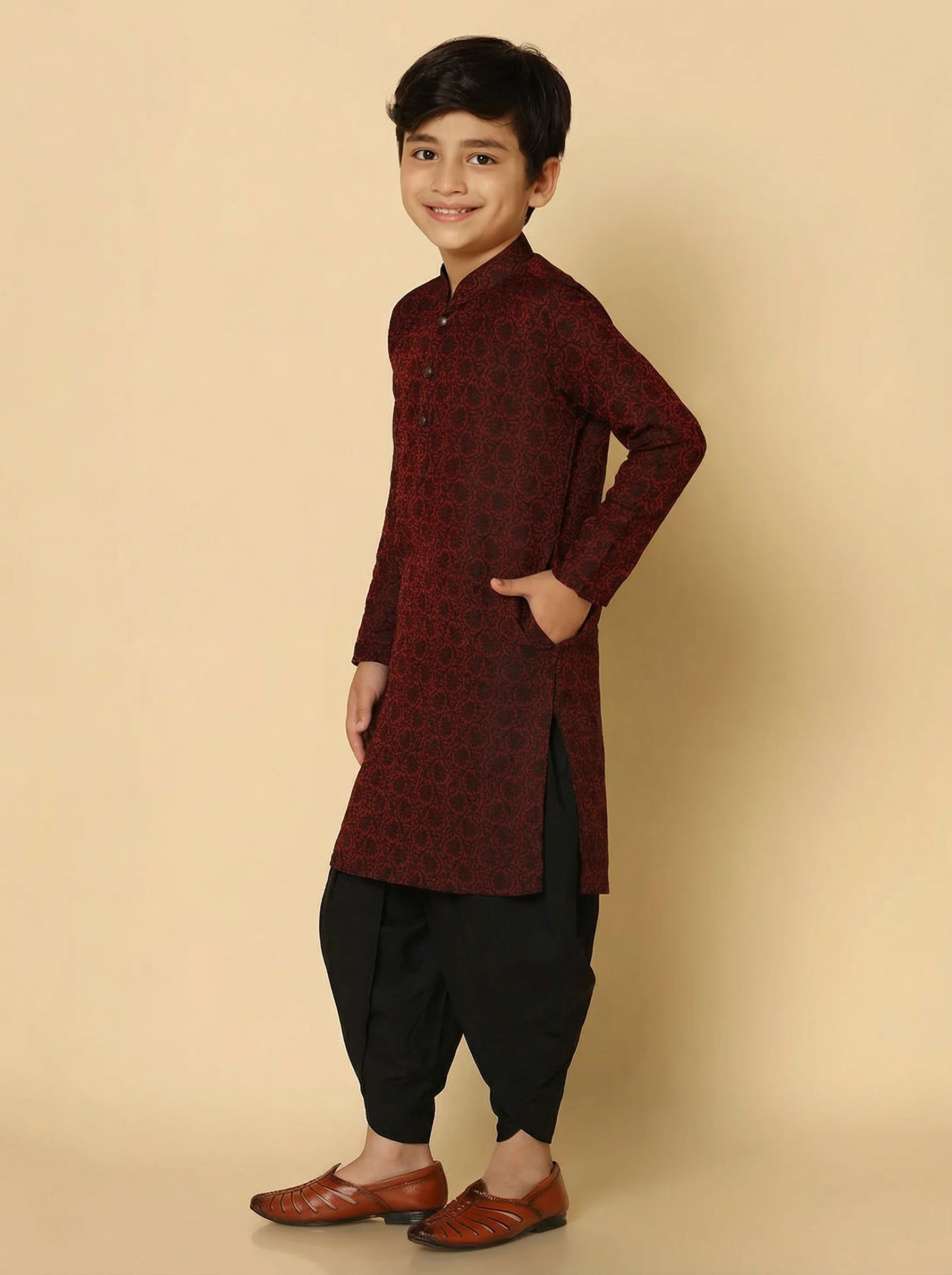 Maroon Silk Blend Jacquard Kurta Dhoti Set - Image 2