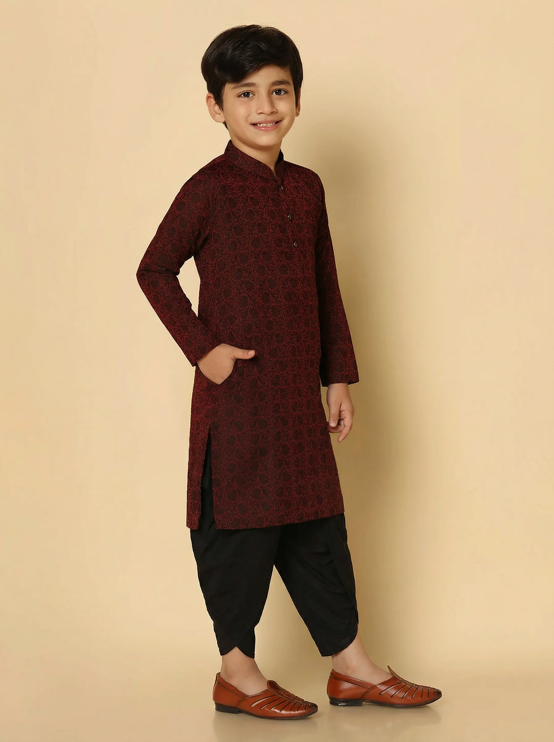 Maroon Silk Blend Jacquard Kurta Dhoti Set - Image 3