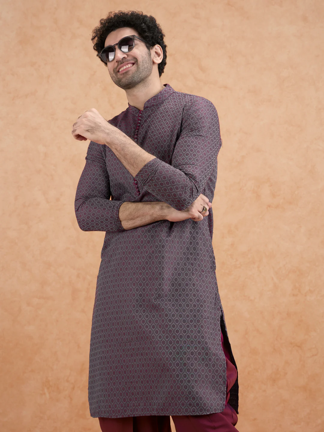 Maroon Silk Blend Jacquard Kurta - Image 8