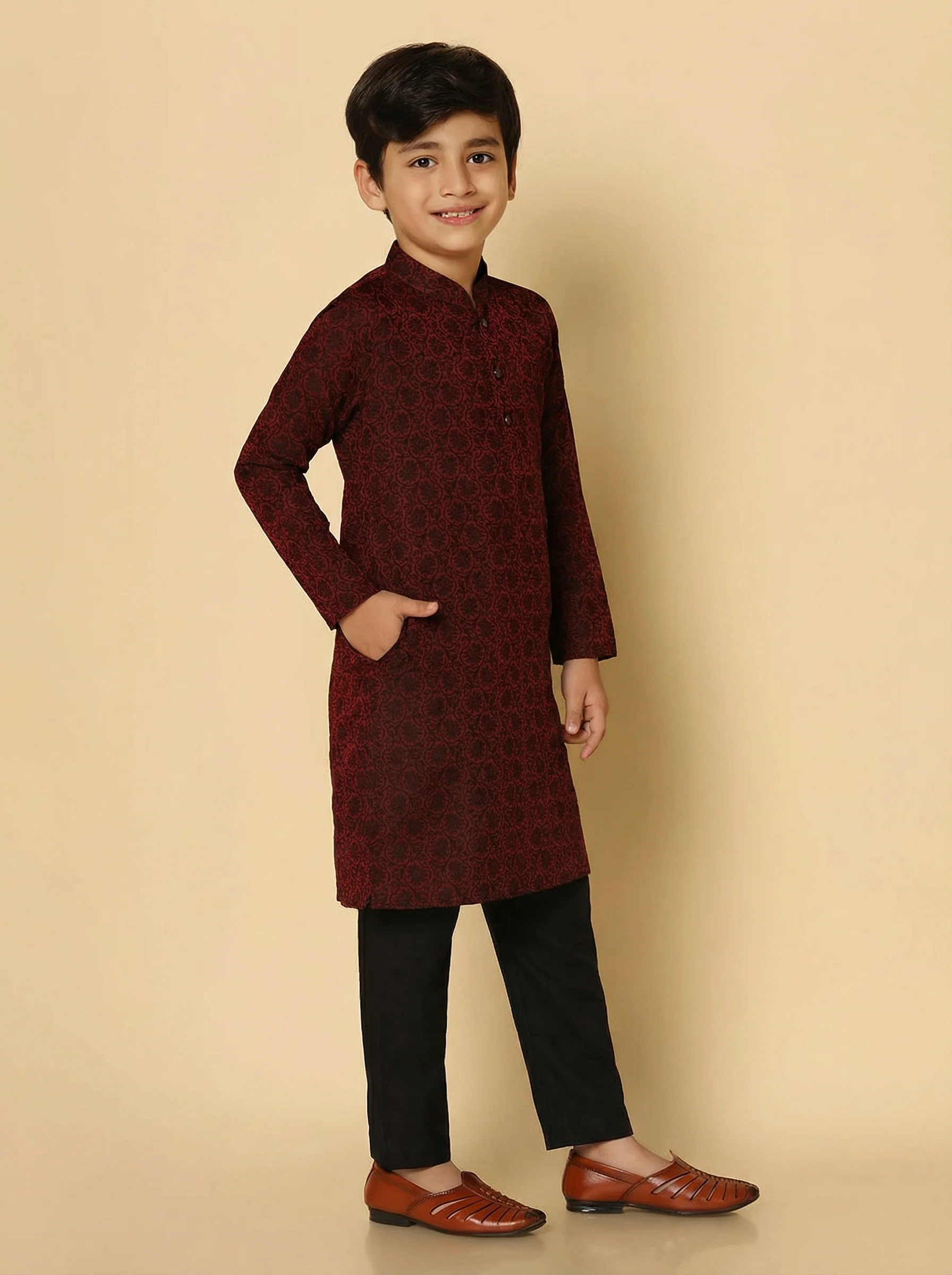 Maroon Silk Blend Jacquard Kurta Pyjama Set - Image 3