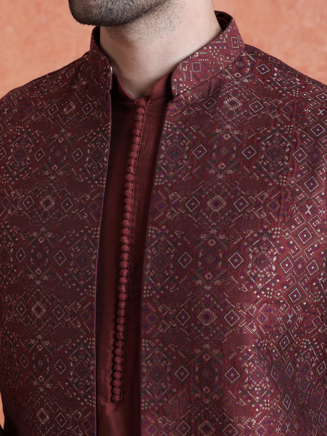 Maroon Silk Blend Jacquard Mid Kurta Front Open Long Jacket Trouser Set - Image 5