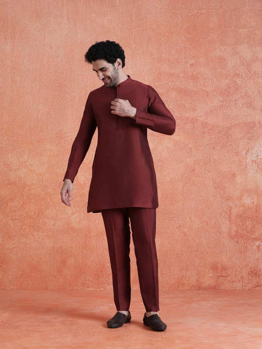 Maroon Silk Blend Jacquard Mid Kurta Front Open Long Jacket Trouser Set - Image 7