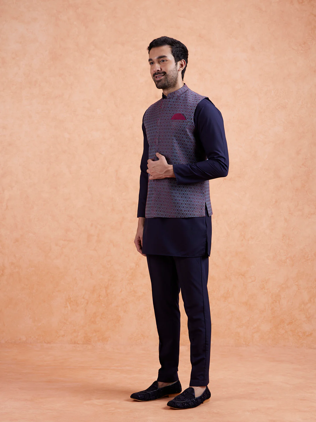 Wine Jacquard Kurta Jacket Set - Image 3