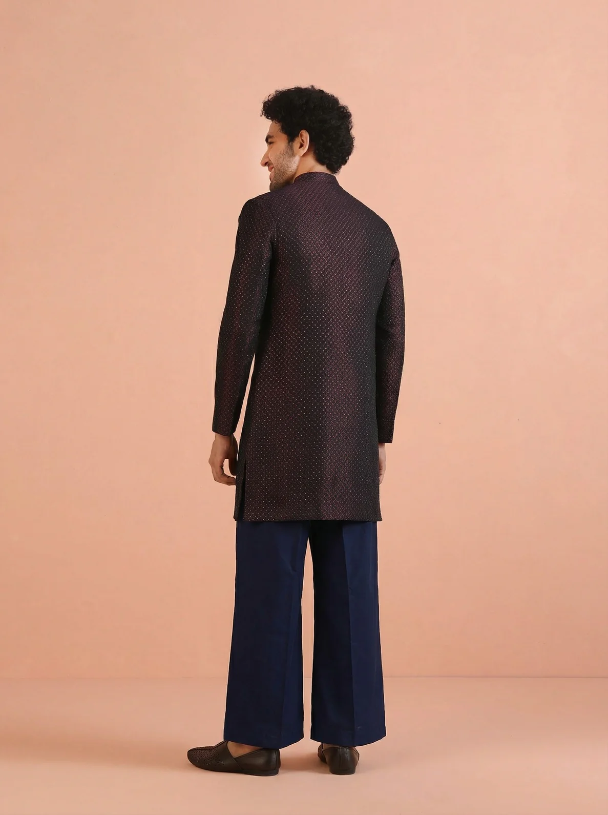 Maroon Silk Blend Jacquard Sherwani Wide Leg Trouser Set - Image 3