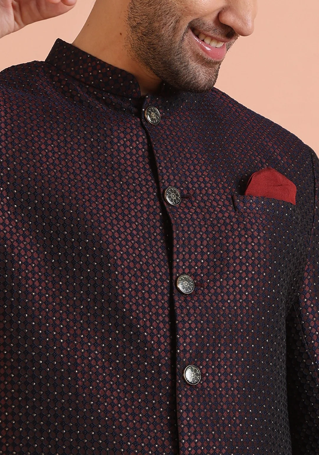 Maroon Silk Blend Jacquard Sherwani Wide Leg Trouser Set - Image 4