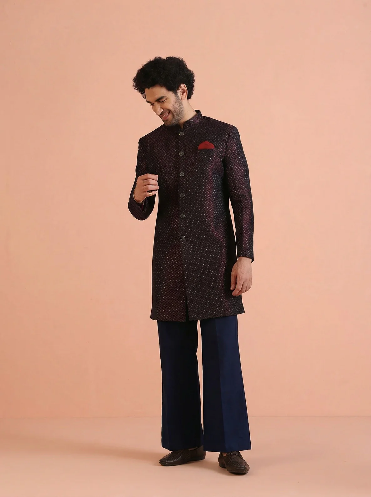 Maroon Silk Blend Jacquard Sherwani Wide Leg Trouser Set - Image 6
