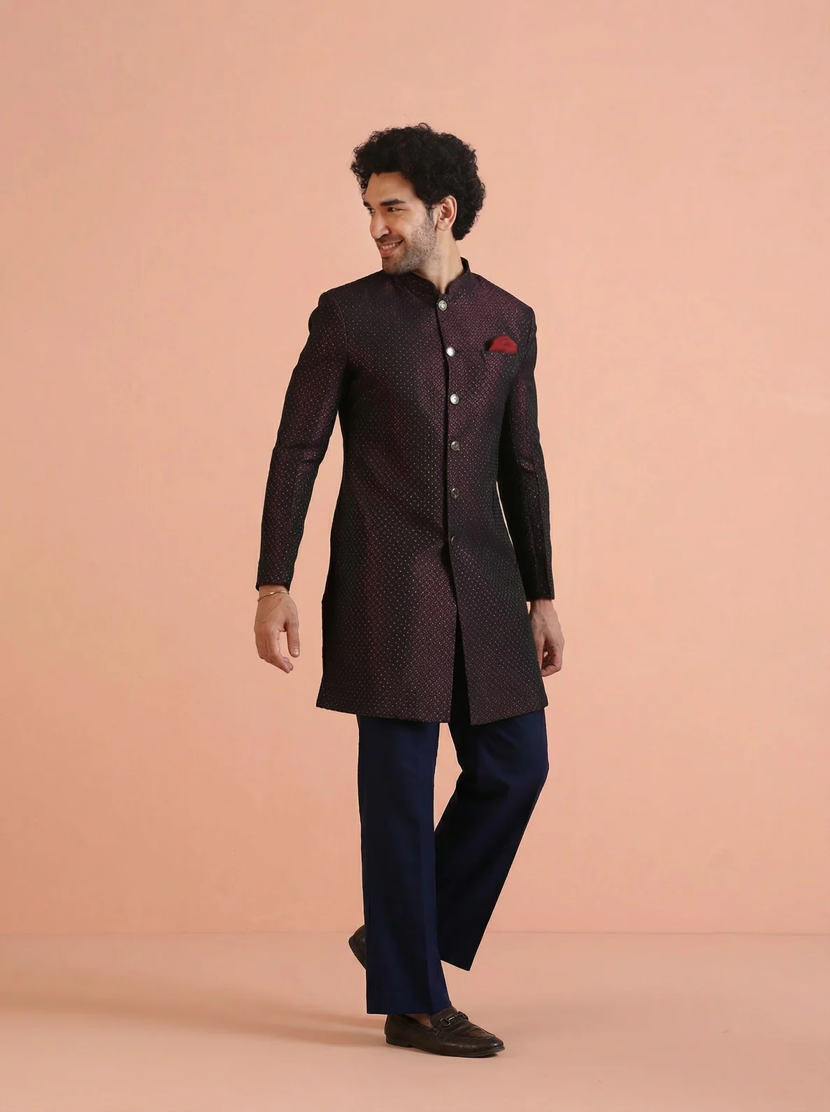 Maroon Silk Blend Jacquard Sherwani Wide Leg Trouser Set - Image 7