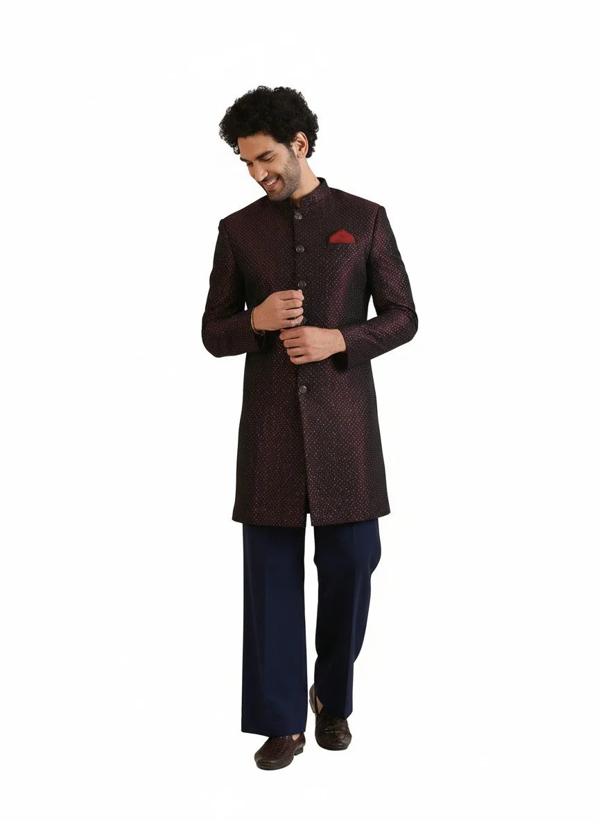 Maroon Silk Blend Jacquard Sherwani Wide Leg Trouser Set - Image 8