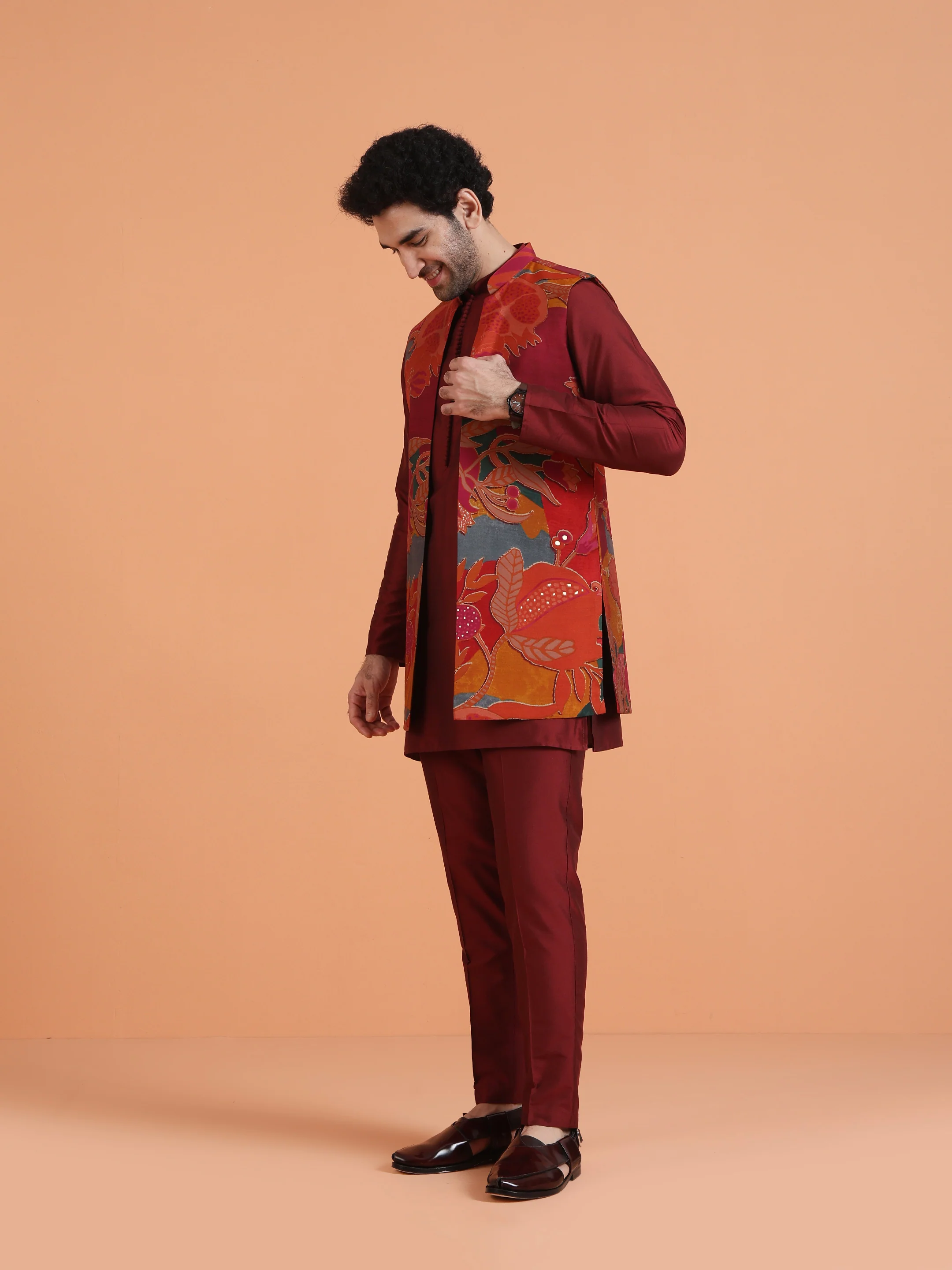 Maroon Silk Blend Multicolor Velvet Long Jacket Kurta Trouser - Image 2