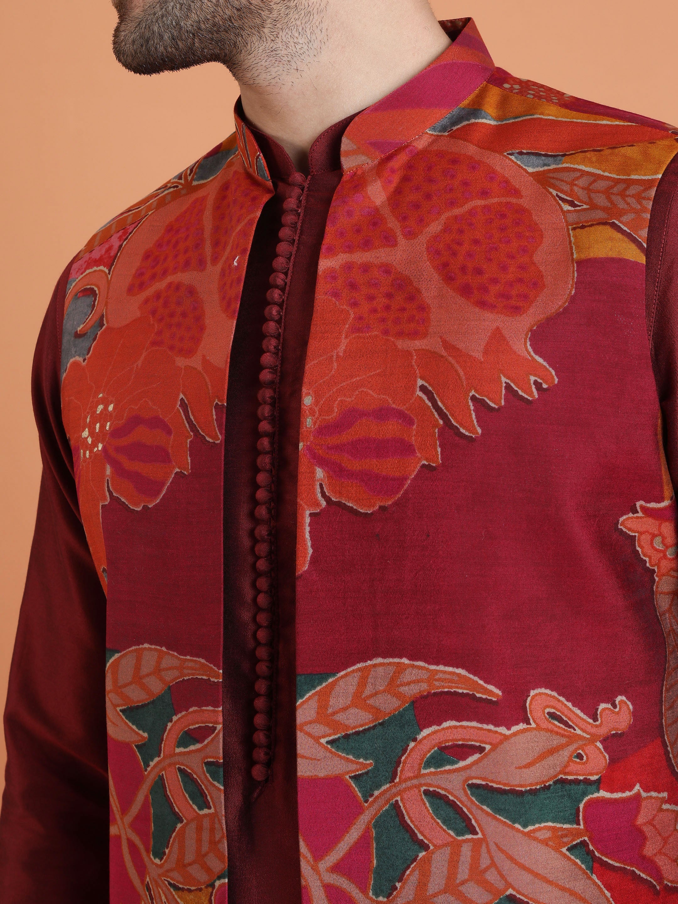 Maroon Silk Blend Multicolor Velvet Long Jacket Kurta Trouser - Image 5