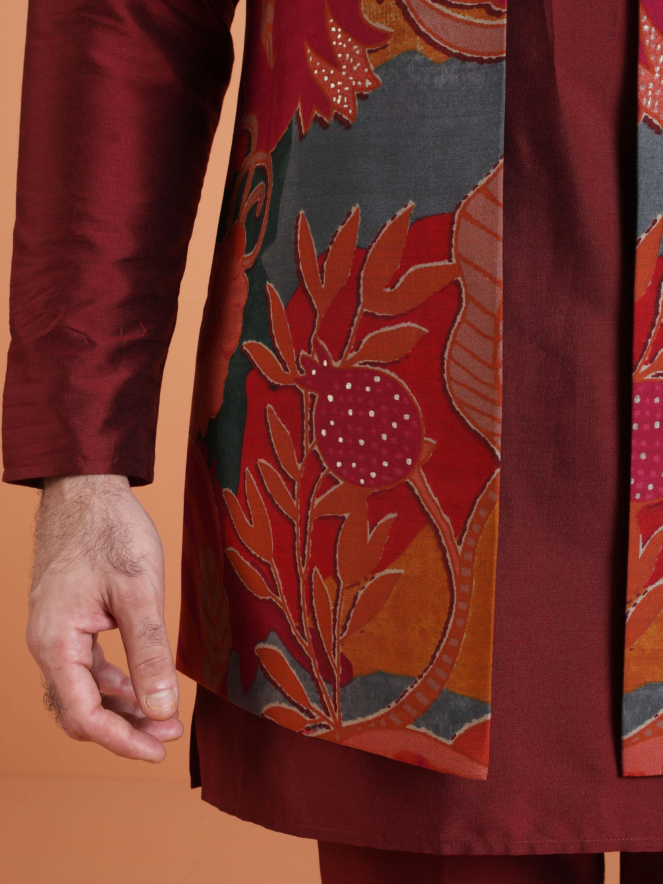Maroon Silk Blend Multicolor Velvet Long Jacket Kurta Trouser - Image 6