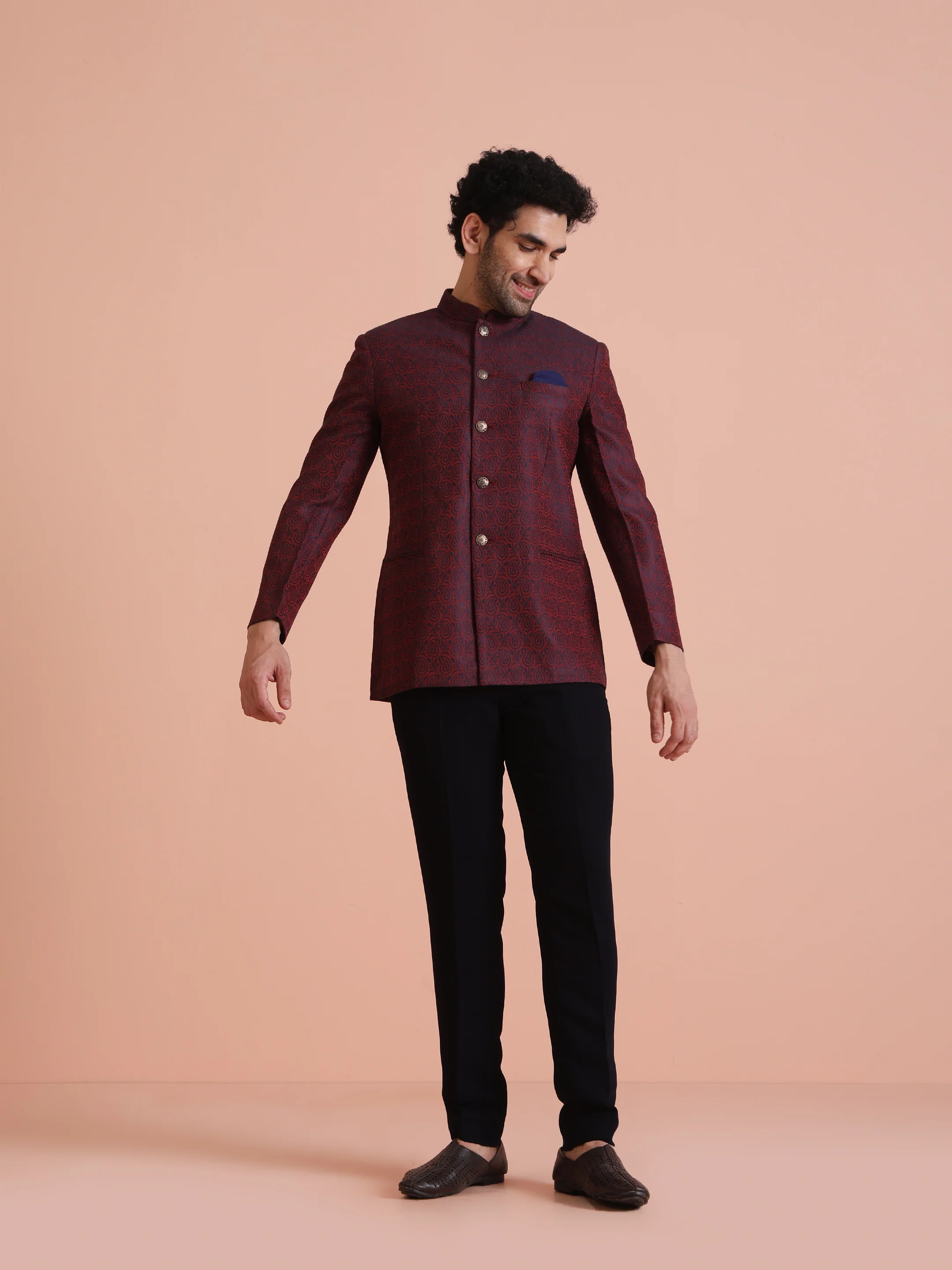 Maroon Silk Blend Textured Bandhgala Trouser Set - Image 8