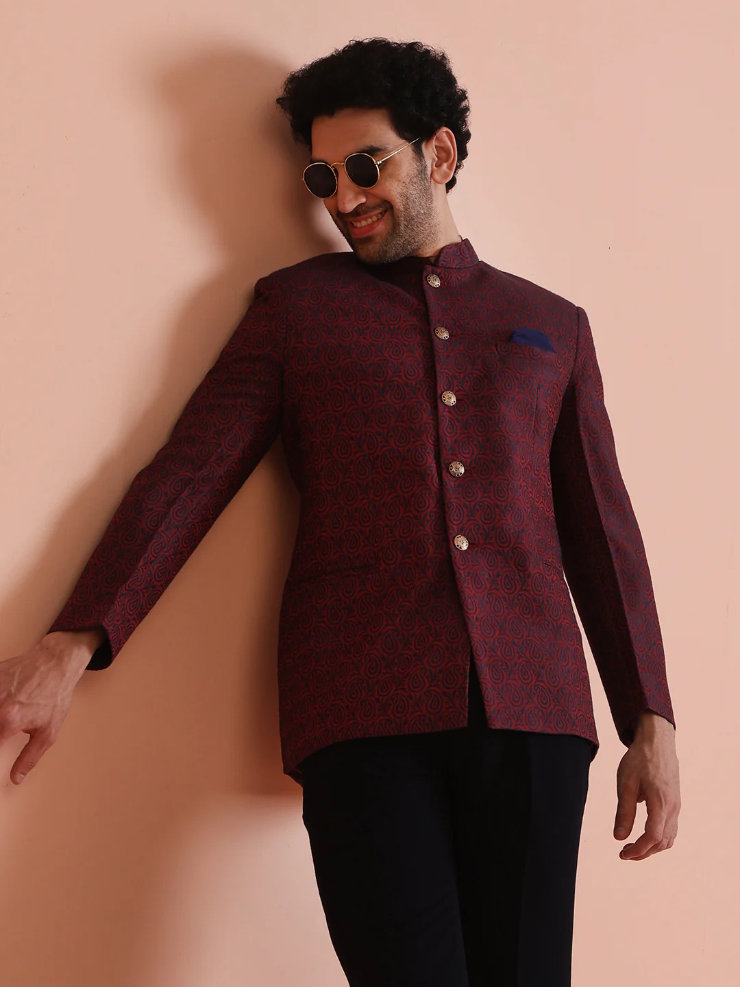 Maroon Silk Blend Textured Bandhgala Trouser Set - Image 9