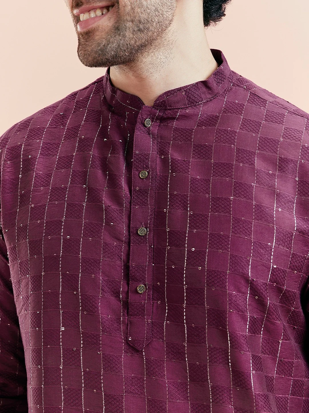 Maroon Silk Blend Textured Kurta Dhoti Set - Image 4