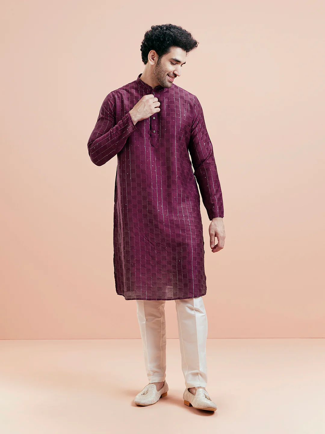 Maroon Silk Blend Textured Long Kurta - Image 6