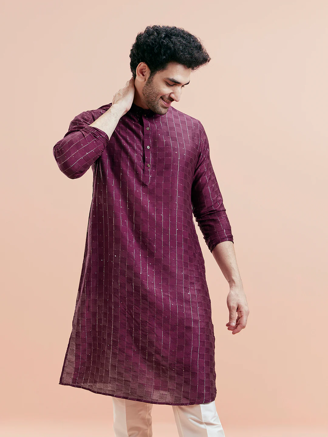 Maroon Silk Blend Textured Long Kurta - Image 8