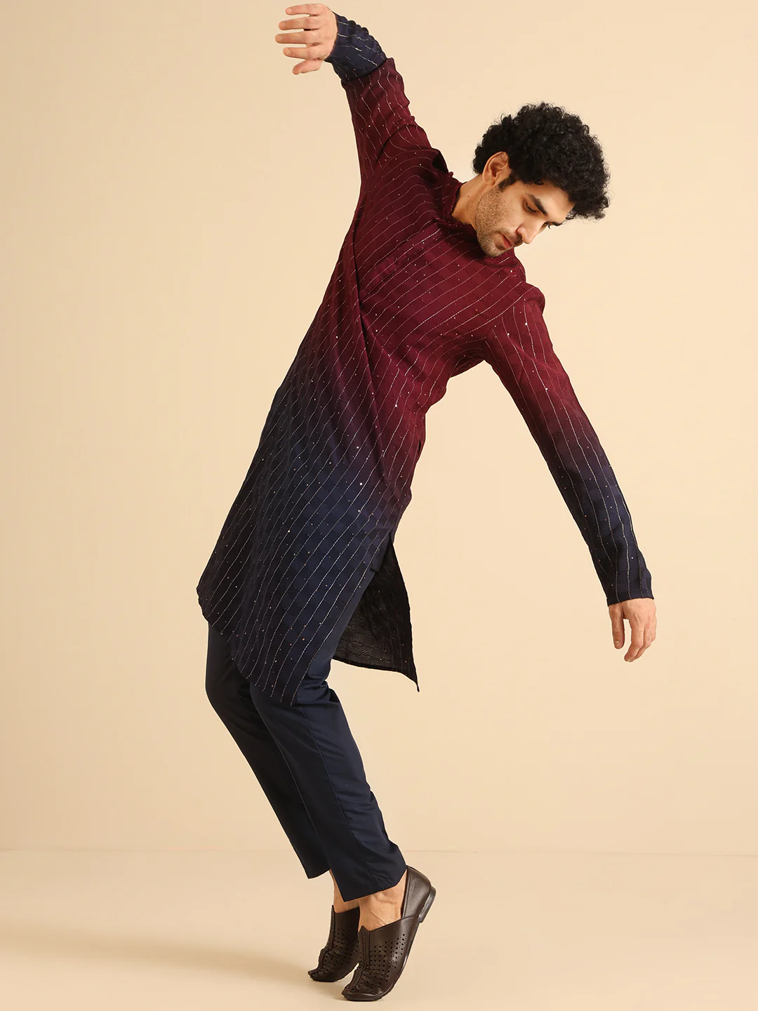 Maroon Silk Blend Textured Long Kurta - Image 6