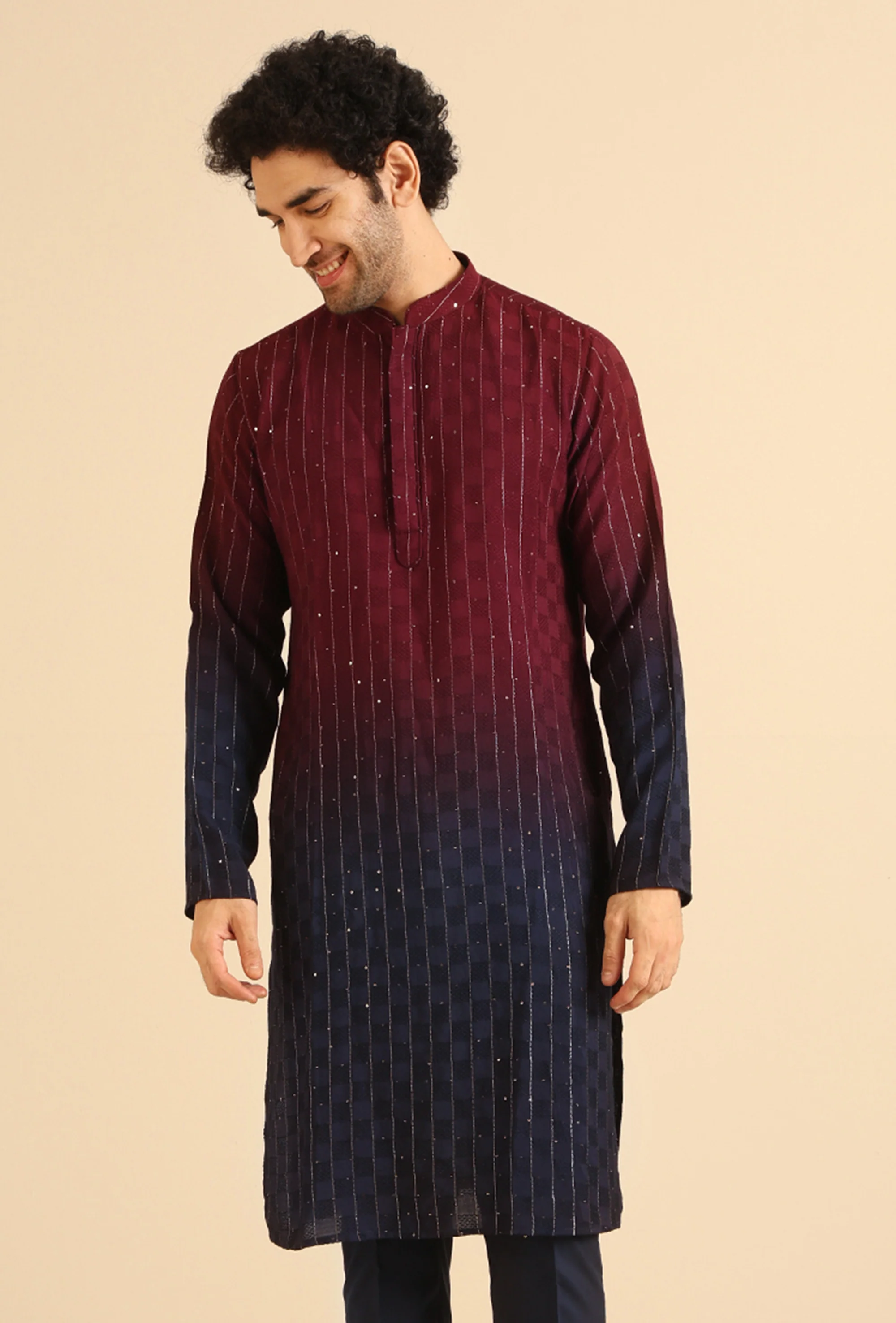 Maroon Silk Blend Textured Long Kurta - Image 7