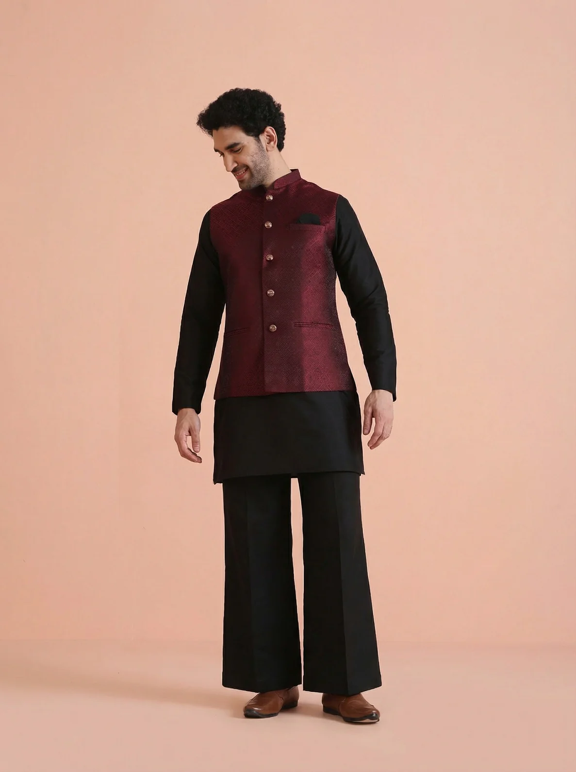 Maroon Silk Blend Textured Mid Kurta Jacket Wide Leg Trouser Set