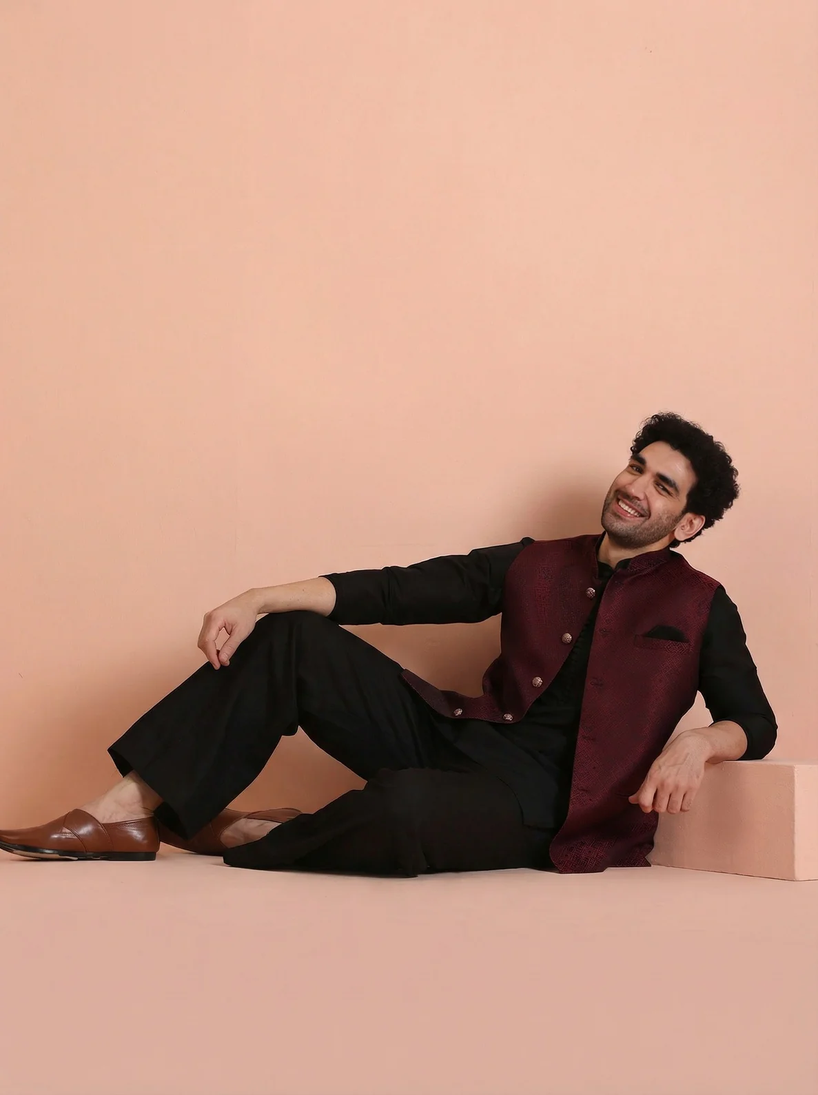 Maroon Silk Blend Textured Mid Kurta Jacket Wide Leg Trouser Set - Image 2