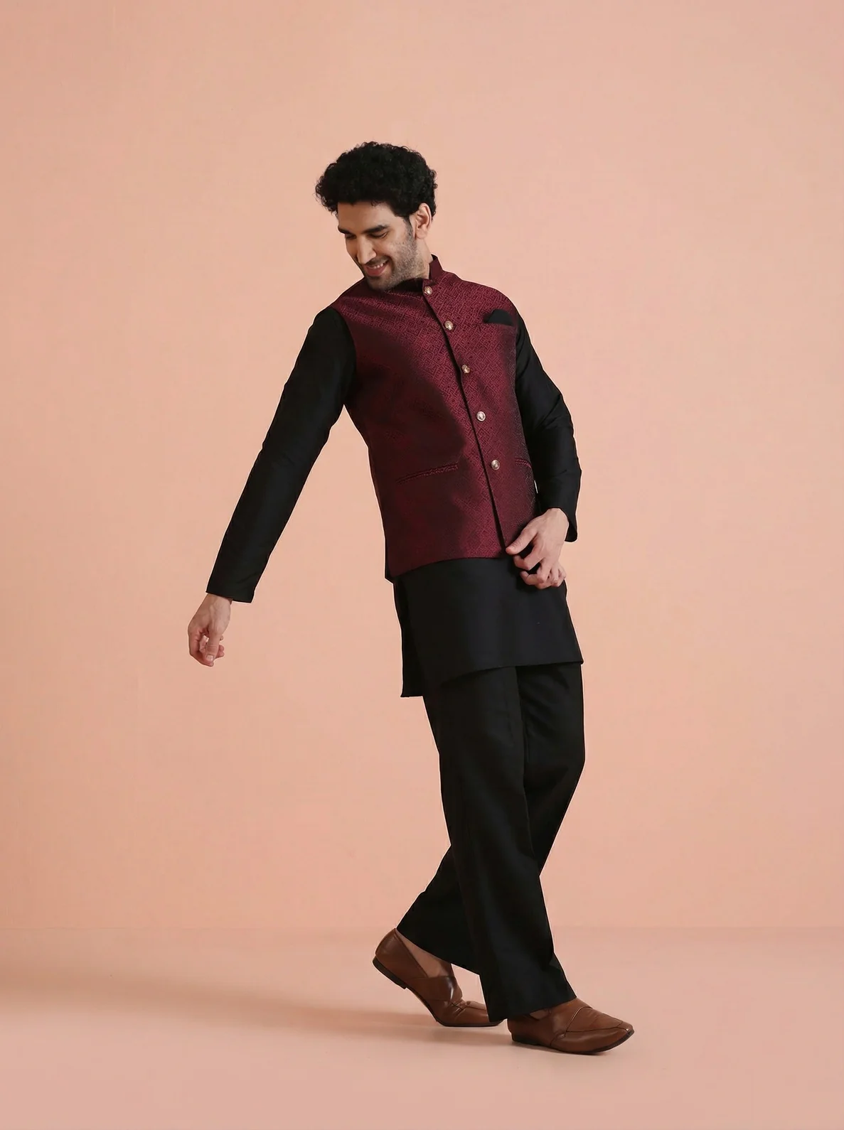Maroon Silk Blend Textured Mid Kurta Jacket Wide Leg Trouser Set - Image 6