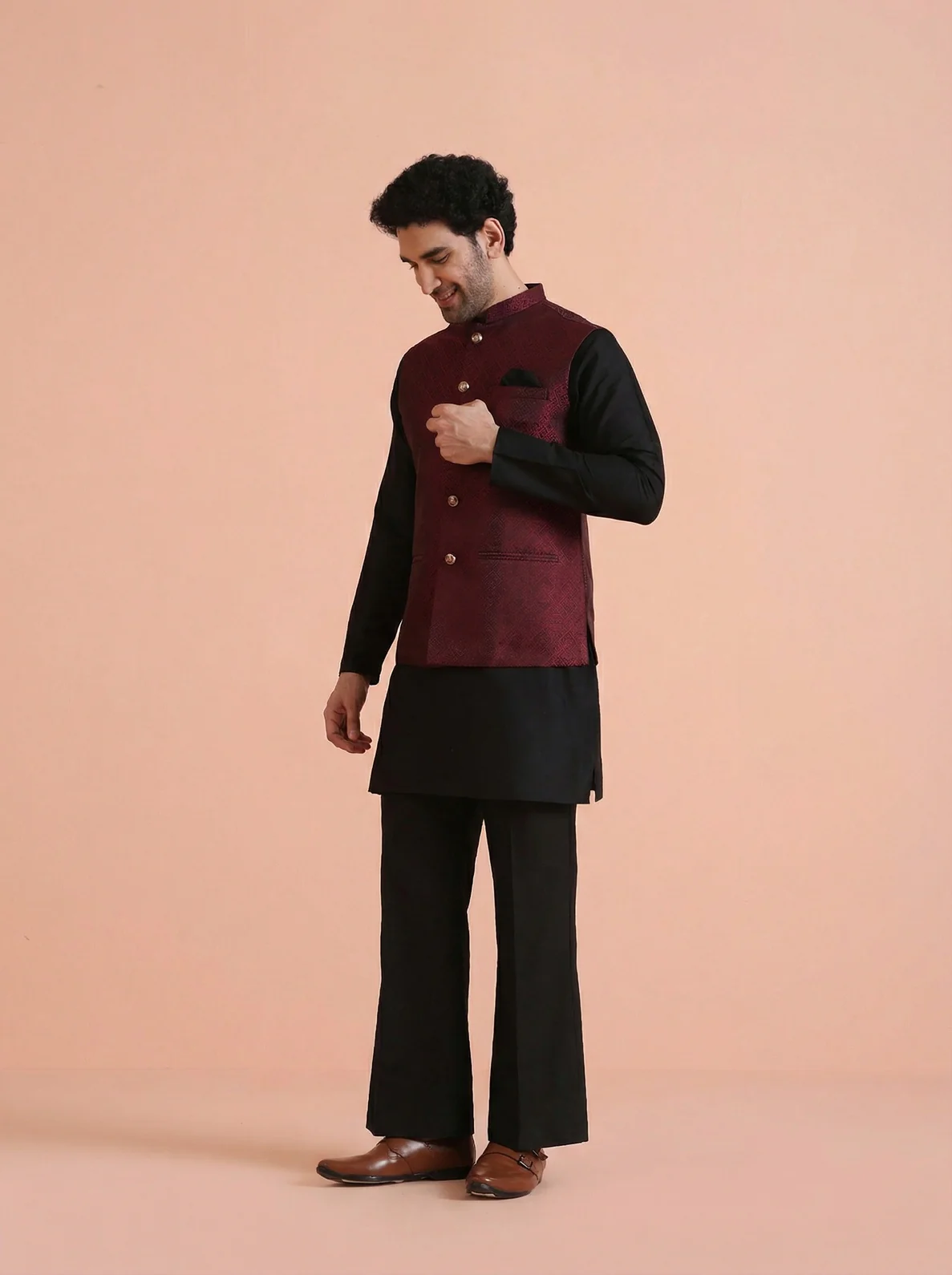 Maroon Silk Blend Textured Mid Kurta Jacket Wide Leg Trouser Set - Image 7